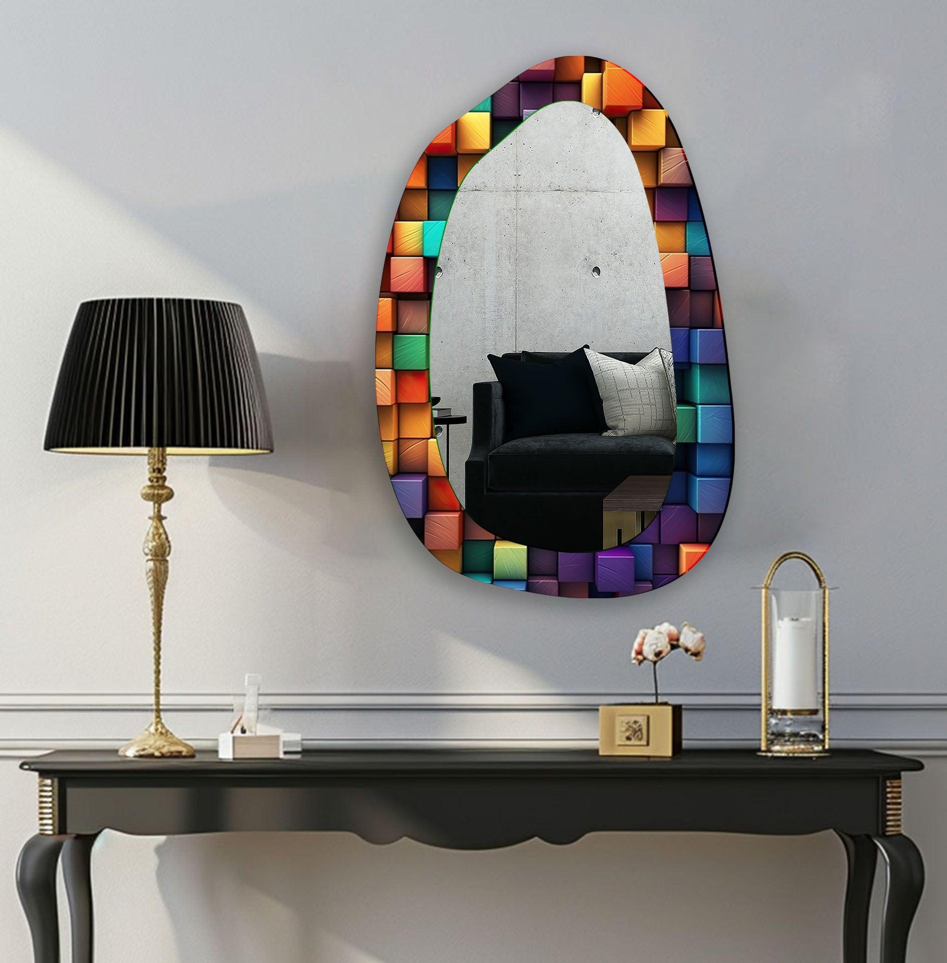 Vibrant Asymmetrical Glass Wall Mirror - Modern Geometric Home Decor for Living Room, Bedroom & Entryway