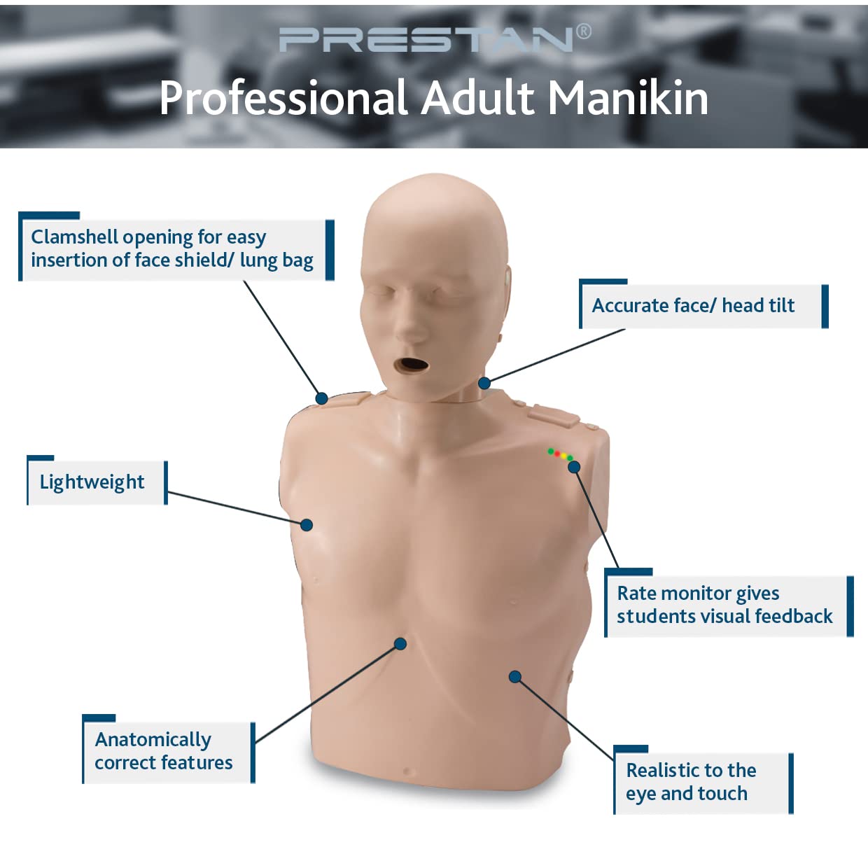 Reliance Medical PRESTAN Lightweight Professional Adult CPR/AED Training Manikin with CPR Monitor & HypaGuard Face Shields - Perfect for First Aid Classes, Emergency Training & Safety Certification Courses