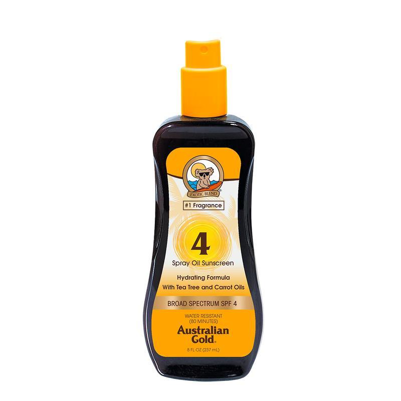 Australian Gold SPF 4 Spray Oil Sunscreen 8 oz - Tropical Scent, Water-Resistant Sun Protection for Beach, Pool & Outdoor Activities