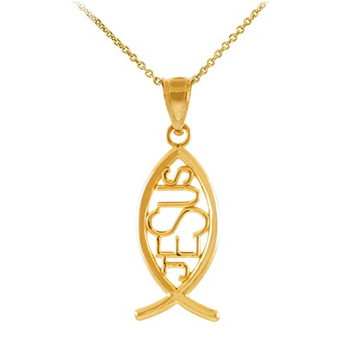 10K Yellow Gold Vertical Jesus Ichthus Christian Fish Pendant Necklace - Religious Jewelry for Baptism, Confirmation & Faith-Based Gifts