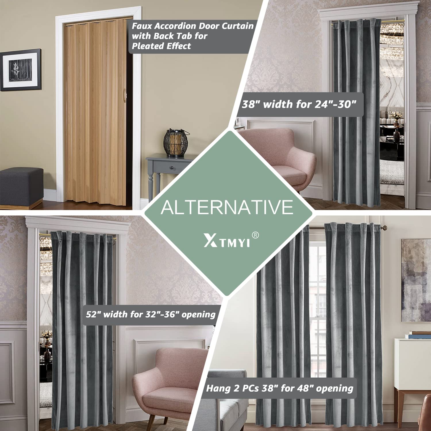 XTMYI Grey Velvet Privacy Room Divider Curtains - Soundproof Folding Screen for Office, Bedroom & Living Room | Back Tab Door Hanging Panel for Indoor Partition (60-70% Noise Reduction) - Perfect for Home Offices, Studio Apartments & Room Separation