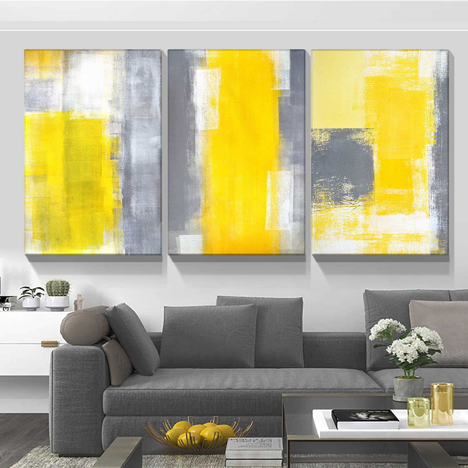 Looife Abstract Canvas Wall Art Set of 3 - 16x24 Inch Yellow & Grey Oil Painting Prints - Modern Ready to Hang Wall Decor for Living Room, Bedroom & Office