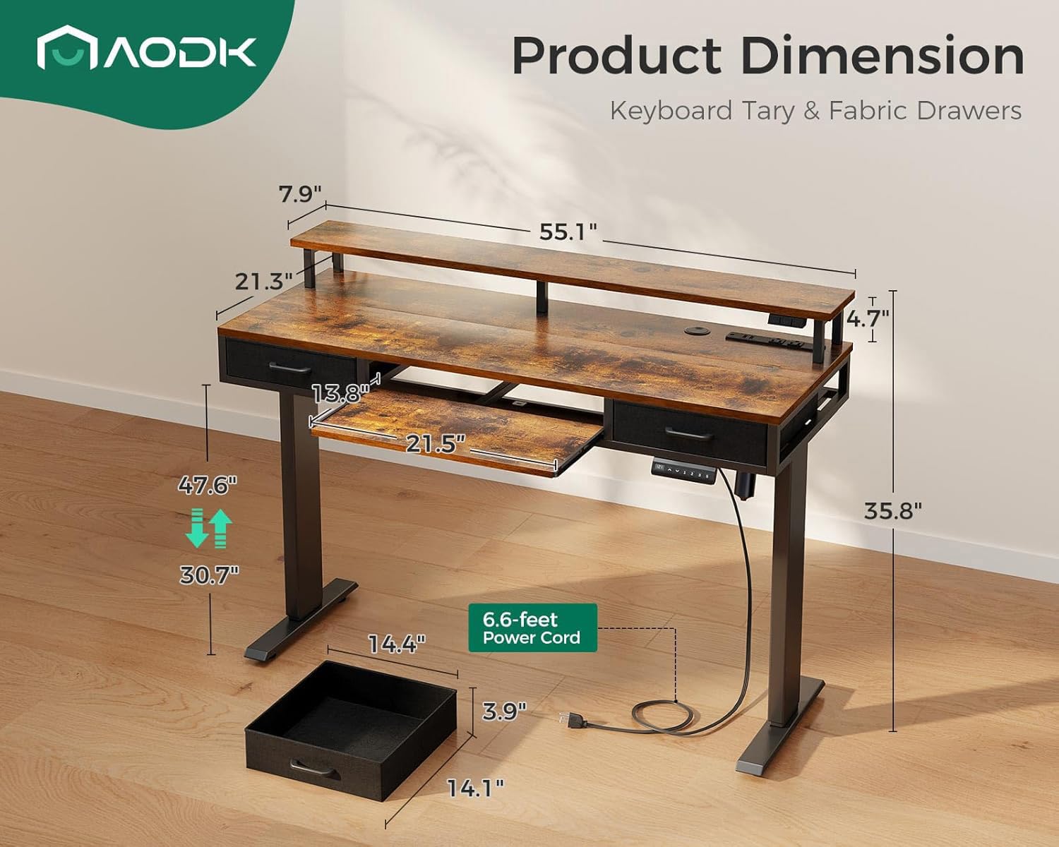 AODK 55 Inch Electric Height Adjustable Standing Desk with Drawers, Keyboard Tray & Power Outlets - Ergonomic Gaming Desk with LED Lights & Monitor Stand for Home Office - Rustic Brown Workspace Solution for Remote Work, Streaming & PC Gaming