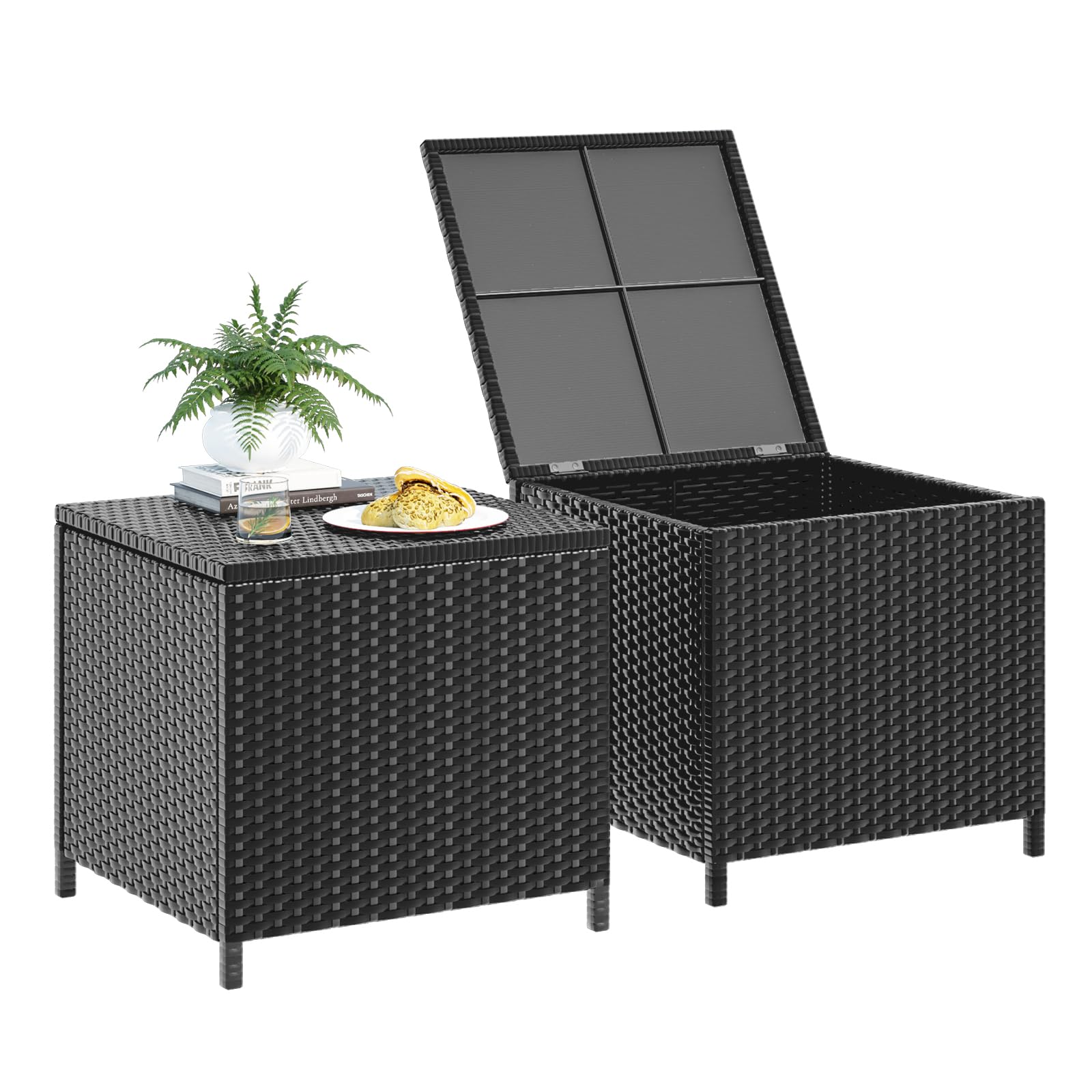 2-Piece Black Outdoor Wicker Side Table Set with Storage - Square Resin Rattan End Tables for Patio, Poolside & Backyard - Perfect for Storing Furniture Covers, Gardening Tools & Pool Toys (Weather-Resistant)