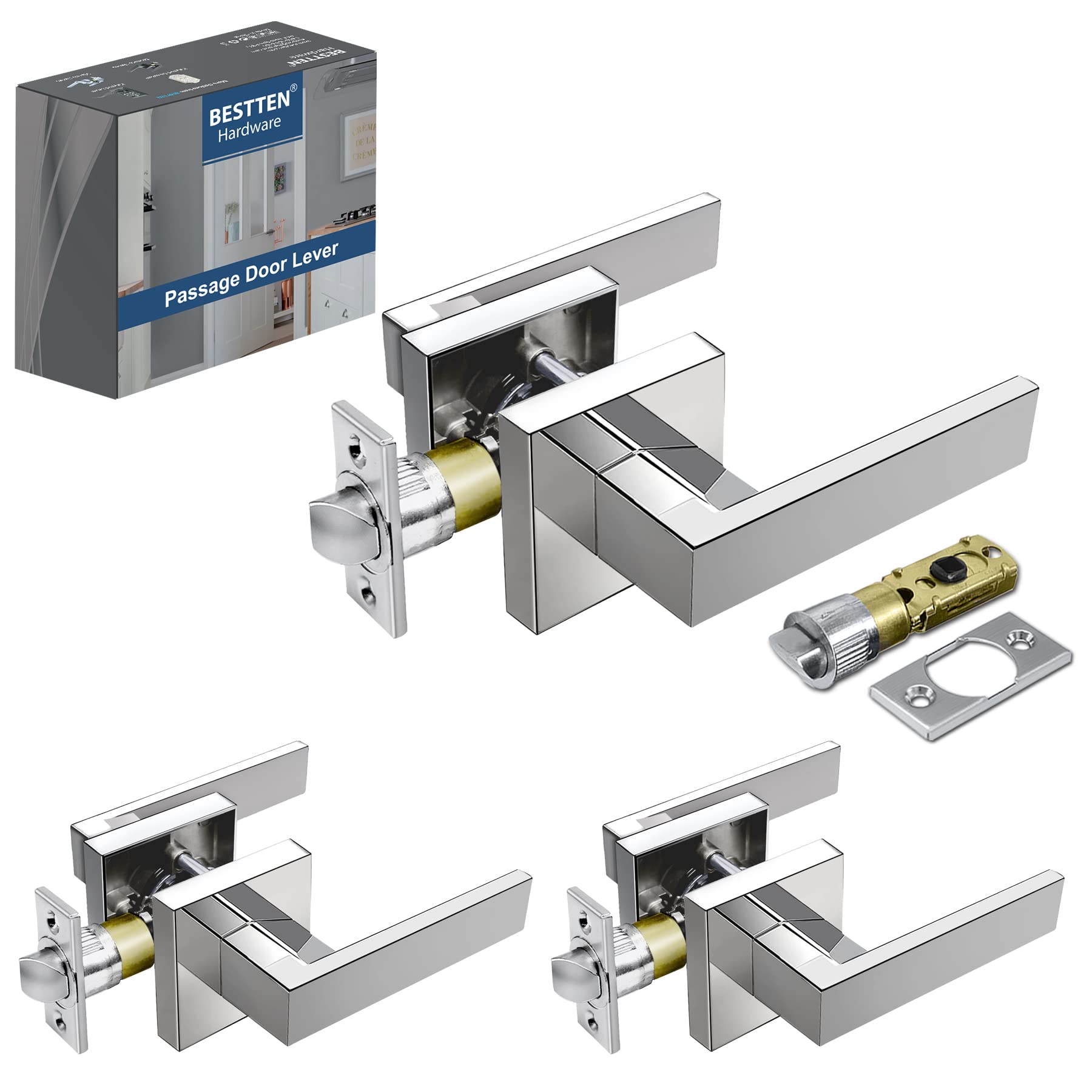 BESTTEN 3-Pack Square Passage Door Lever No Key - Heavy Duty Interior Door Handle for Hallway Closet & Bedroom - Monaco Series Satin Chrome Finish with Removable Latch Plate - Perfect for Residential Homes, Apartments and Office Spaces