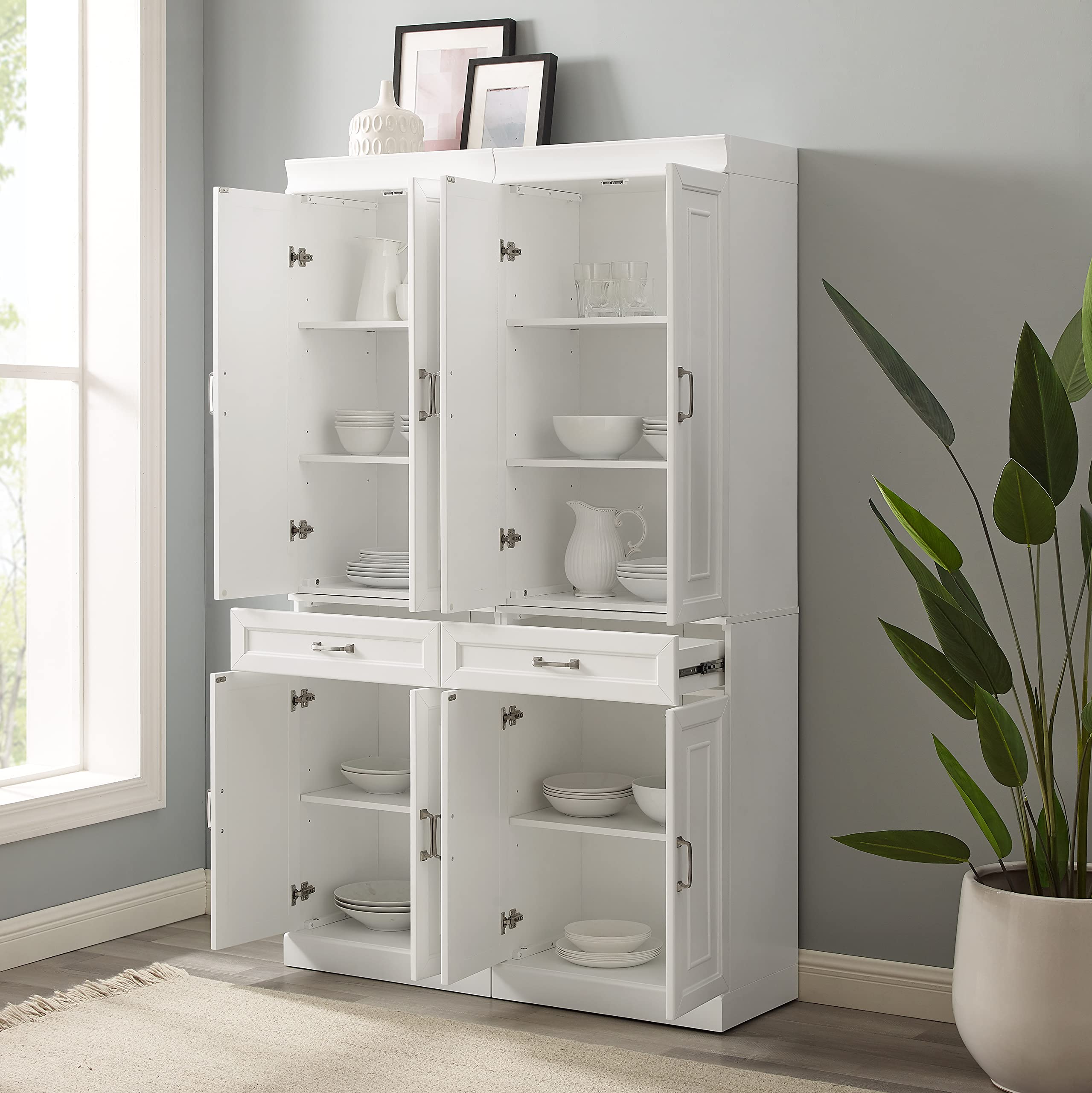 Crosley Stanton 2-Piece White Pantry Storage Cabinet Set with Adjustable Shelves - Kitchen, Dining & Laundry Room Organizer for Spices, Linens & Cleaning Supplies