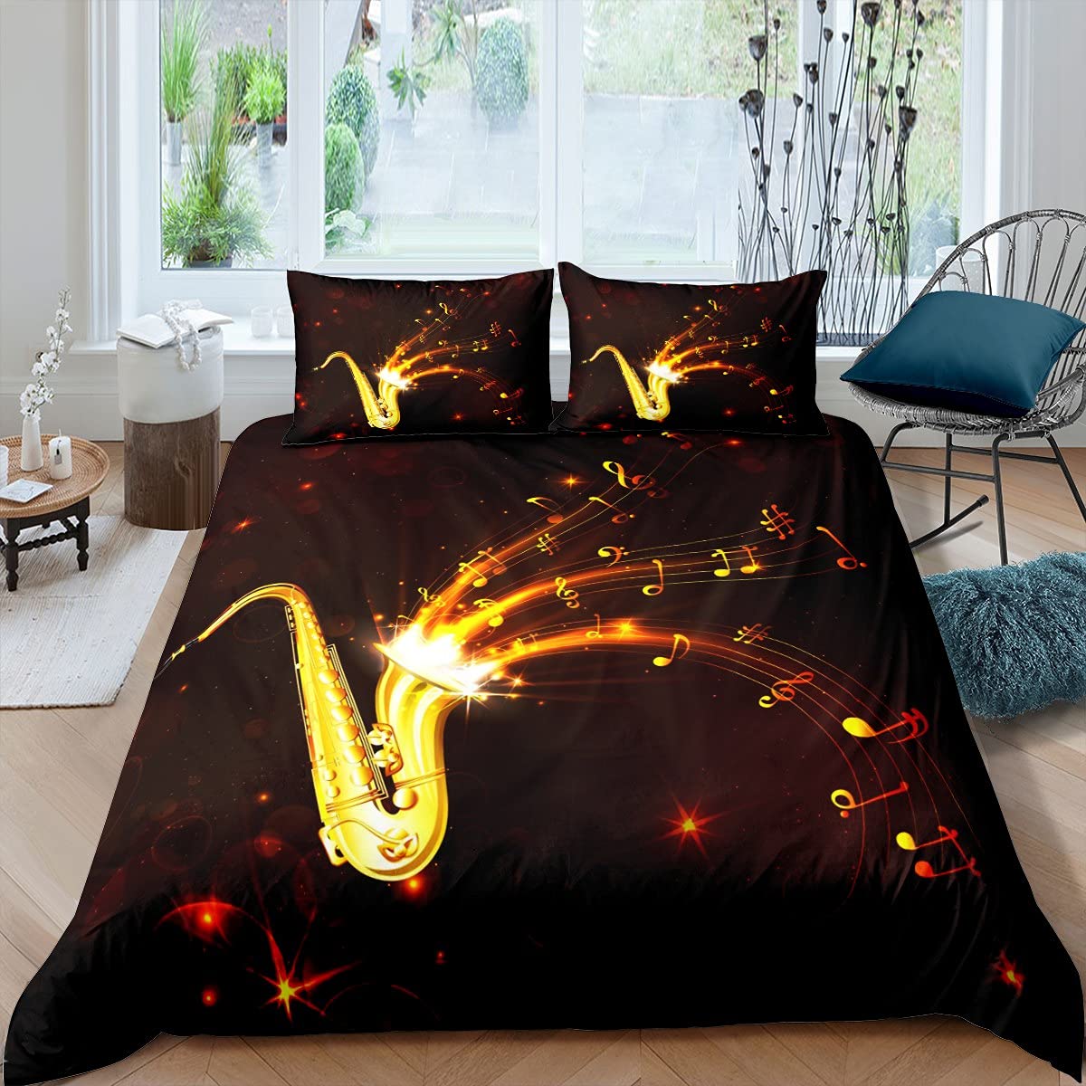Music Notes Comforter Cover Twin Size - Saxophone Duvet Cover Set for Kids Boys Girls Bedroom Decor (2-Piece with Pillow Sham) - Golden Black Musical Theme Bedding for Music Lovers & Teen Room Decor