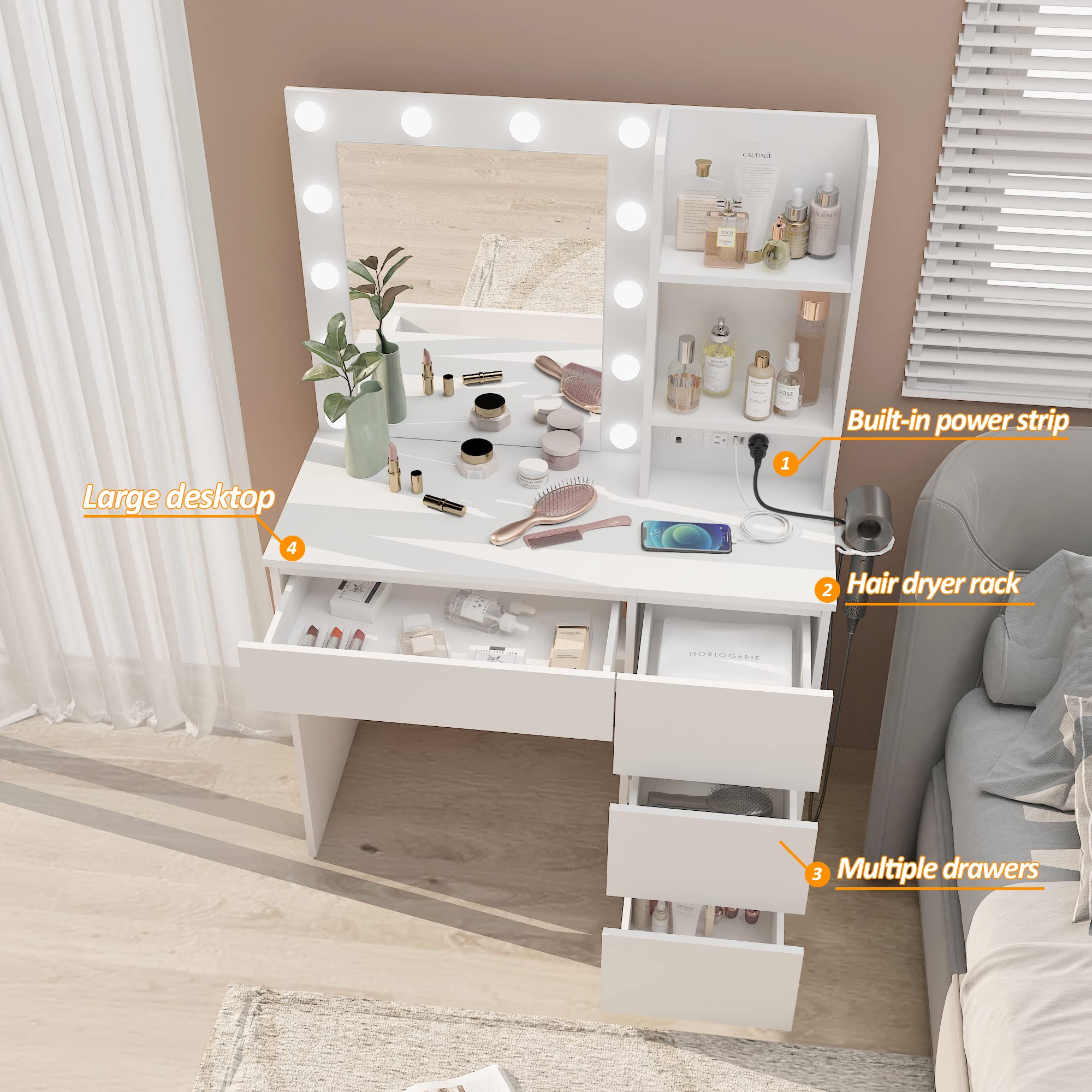 Vabches 37-inch Makeup Vanity with LED Lights & Power Strip - White Vanity Desk with 4 Drawers, Lighted Mirror & 3 Color Modes - Perfect for Bedroom, Dressing Room & Beauty Salon