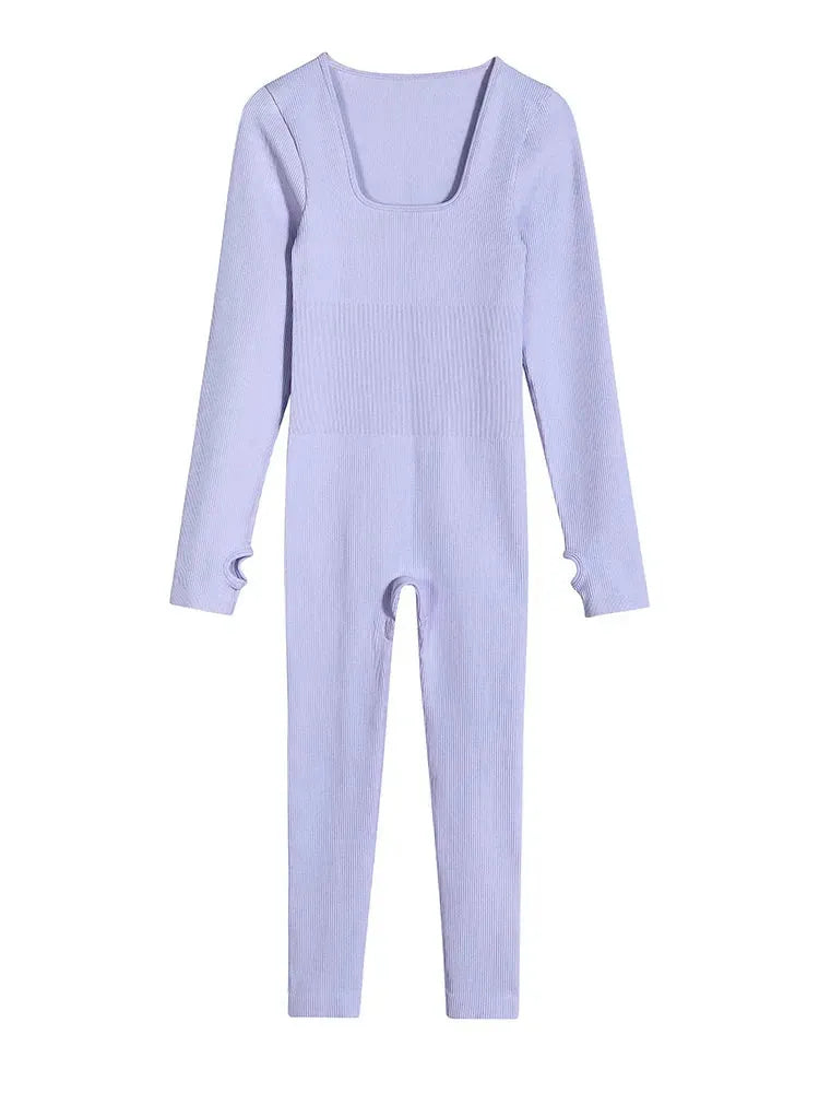 Women's Ribbed Long Sleeve Yoga Jumpsuit - Square Neck Workout Romper Bodysuit for Gym, Pilates & Home Exercise | Comfortable Sportswear for Women's Fitness & Active Lifestyle