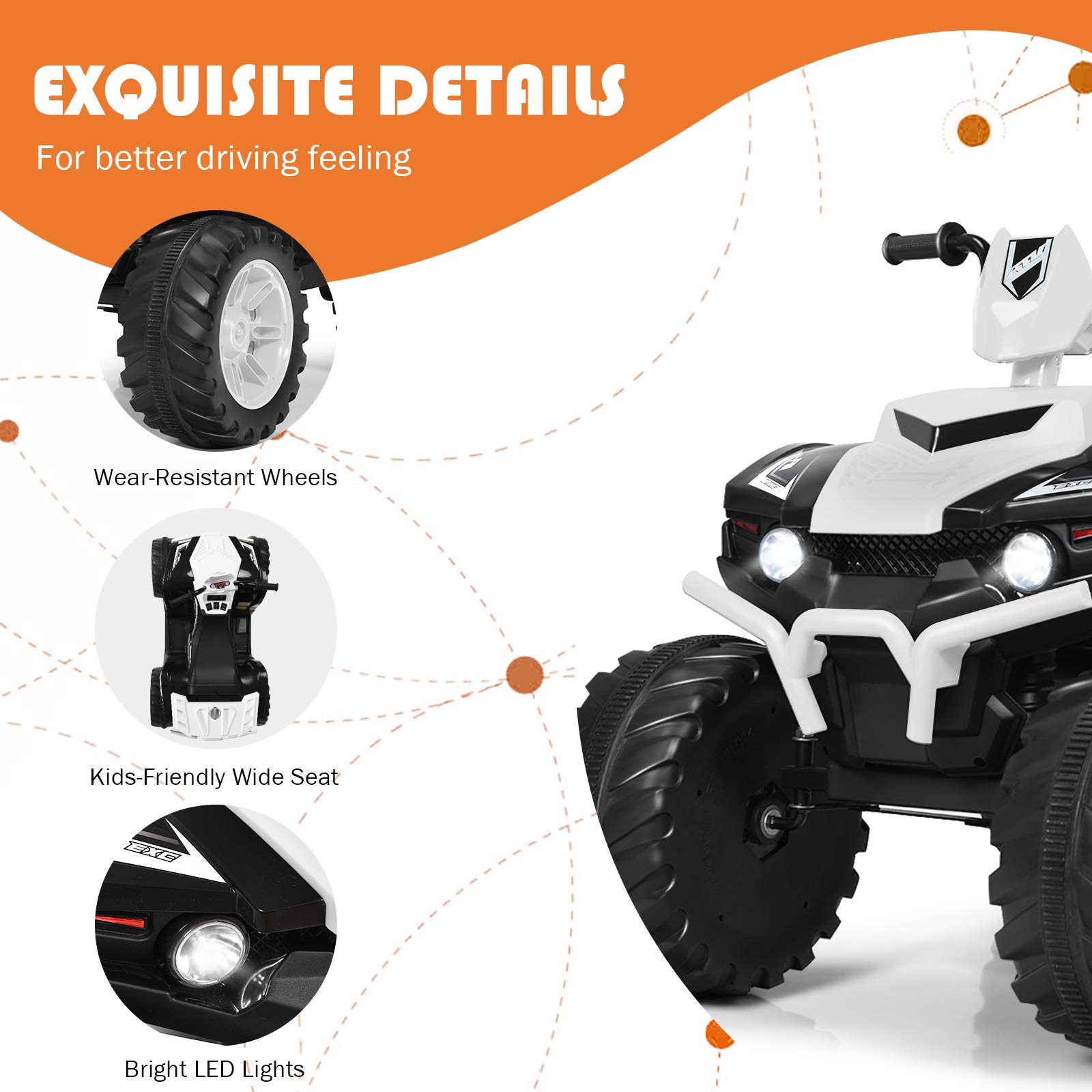 HONEY JOY 12V Kids Electric Ride On ATV Quad - 4-Wheeler Battery Powered Toddler Car with LED Headlights, 2 Speeds, Slow Start, Horn & Music - Safe Treaded Tires for Boys & Girls (White) | Perfect for Outdoor Play, Backyard Adventures & Birthday Gifts