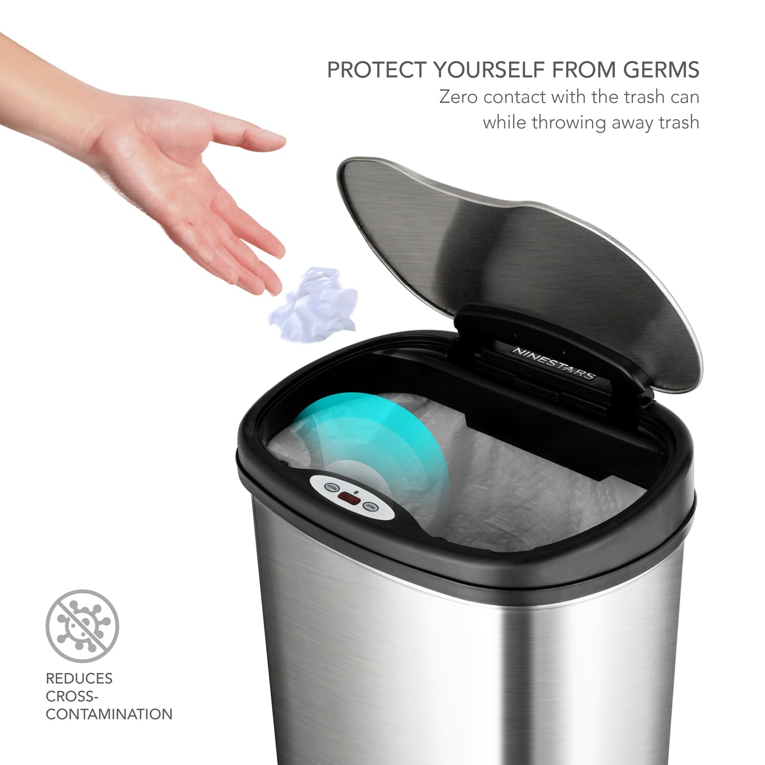 NINESTARS 13 Gallon Automatic Motion Sensor Trash Can with Black Lid - 50L Stainless Steel Kitchen Garbage Bin, Touchless Oval Design for Home, Office & Restaurant Use