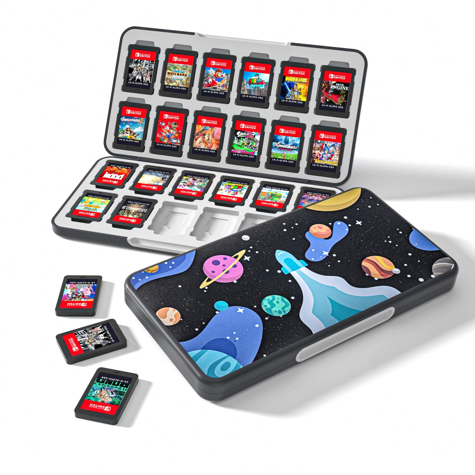 Nintendo Switch Game Case Holder 24 Slots - Switch OLED Game Storage Organizer with Rocket Theme - Perfect for Travel, Home & Gaming Parties