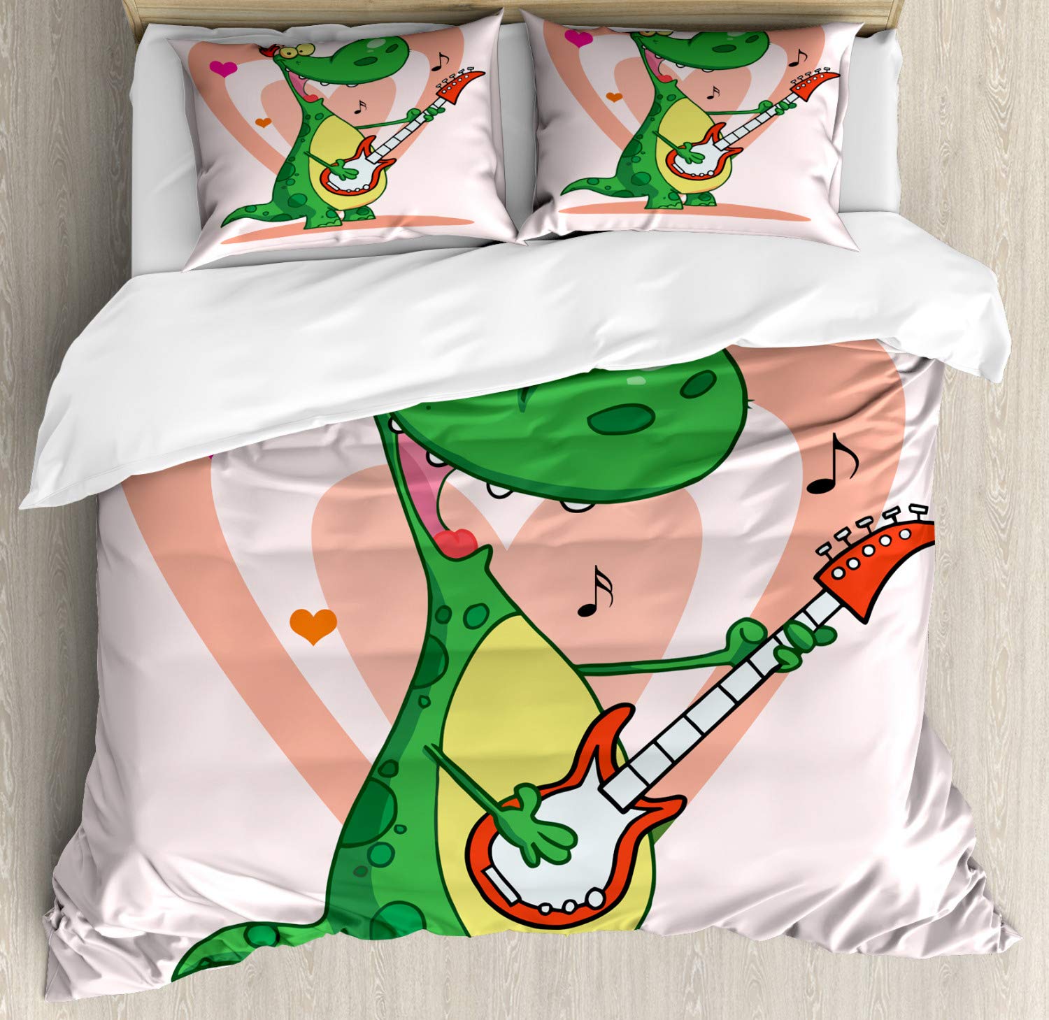 Ambesonne Guitar Duvet Cover Set - Cartoon Style Happy Dinosaur Playing Instrument with Romantic Hearts, 3-Piece Queen Size Bedding Set (Duvet Cover + 2 Pillow Shams) in Rose Multicolor - Perfect for Kids' Rooms, Music Lovers & Dinosaur-Themed Bedroom Decor