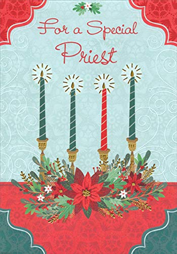 Designer Greetings Christmas Card with Four Green & Red Candles - Floral Religious Holiday Greeting Card for Priest, Pastor - Perfect for Christmas Gifts, Church Events & Holiday Celebrations