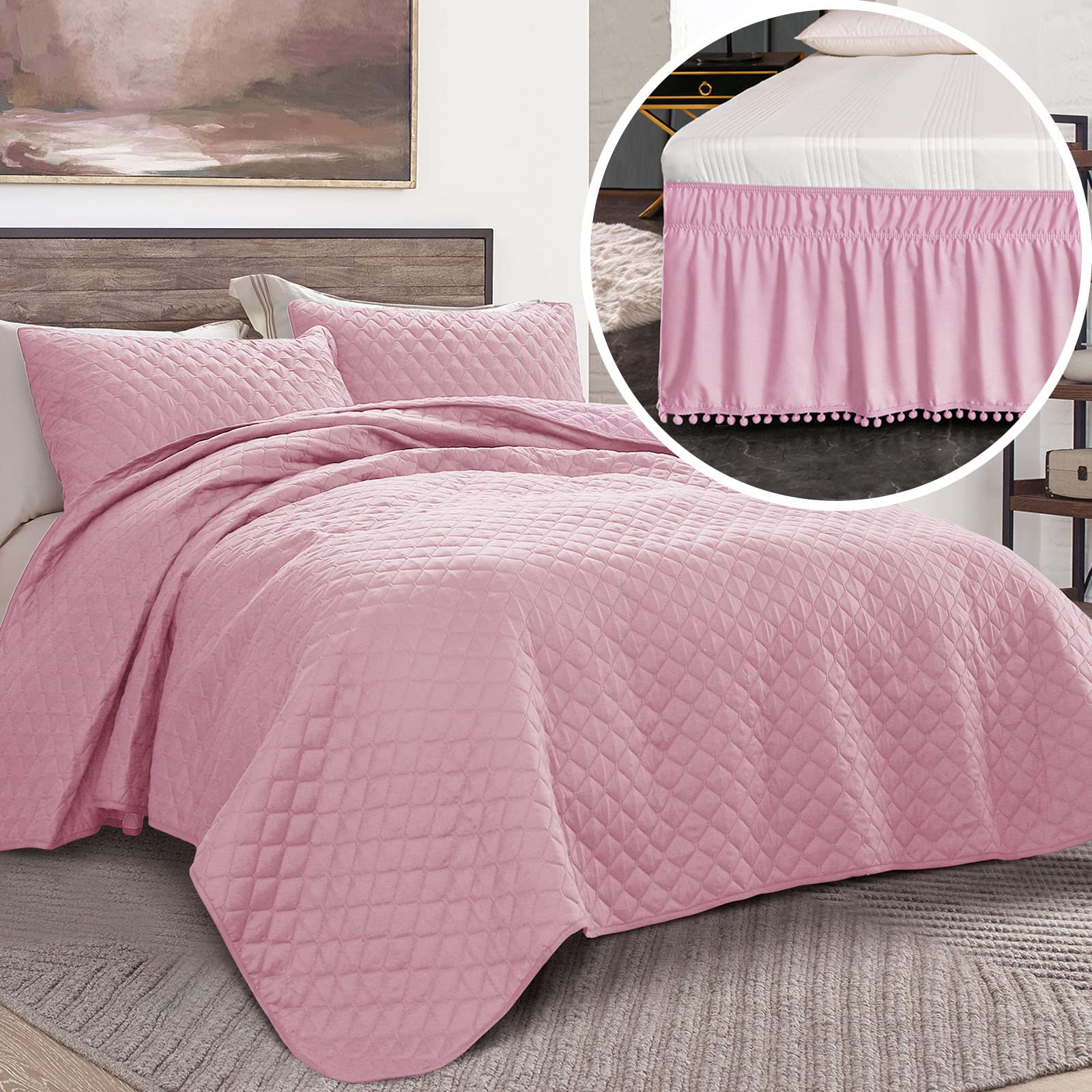 King Size Ultrasonic Quilt Set with Queen Size Pom Pom Bed Skirt - Ultra Soft Bedding Bundle for Cozy Bedroom Decor | Perfect for Master Bedroom, Guest Room & Luxury Hotel Style