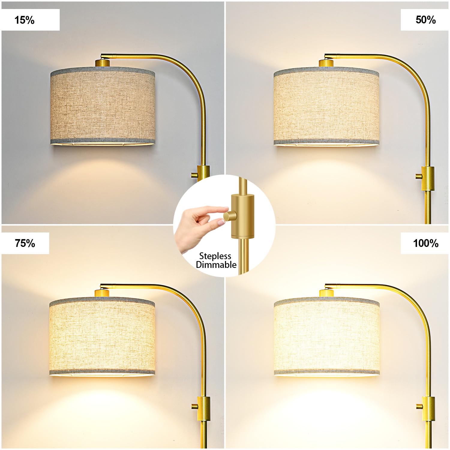Upgraded Dimmable Gold Floor Lamp with 1200 Lumens LED Bulb - Modern Arc Standing Lamp with Linen Shade for Living Room, Bedroom, Office, Nursery - Perfect for Reading, Relaxing & Home Decor