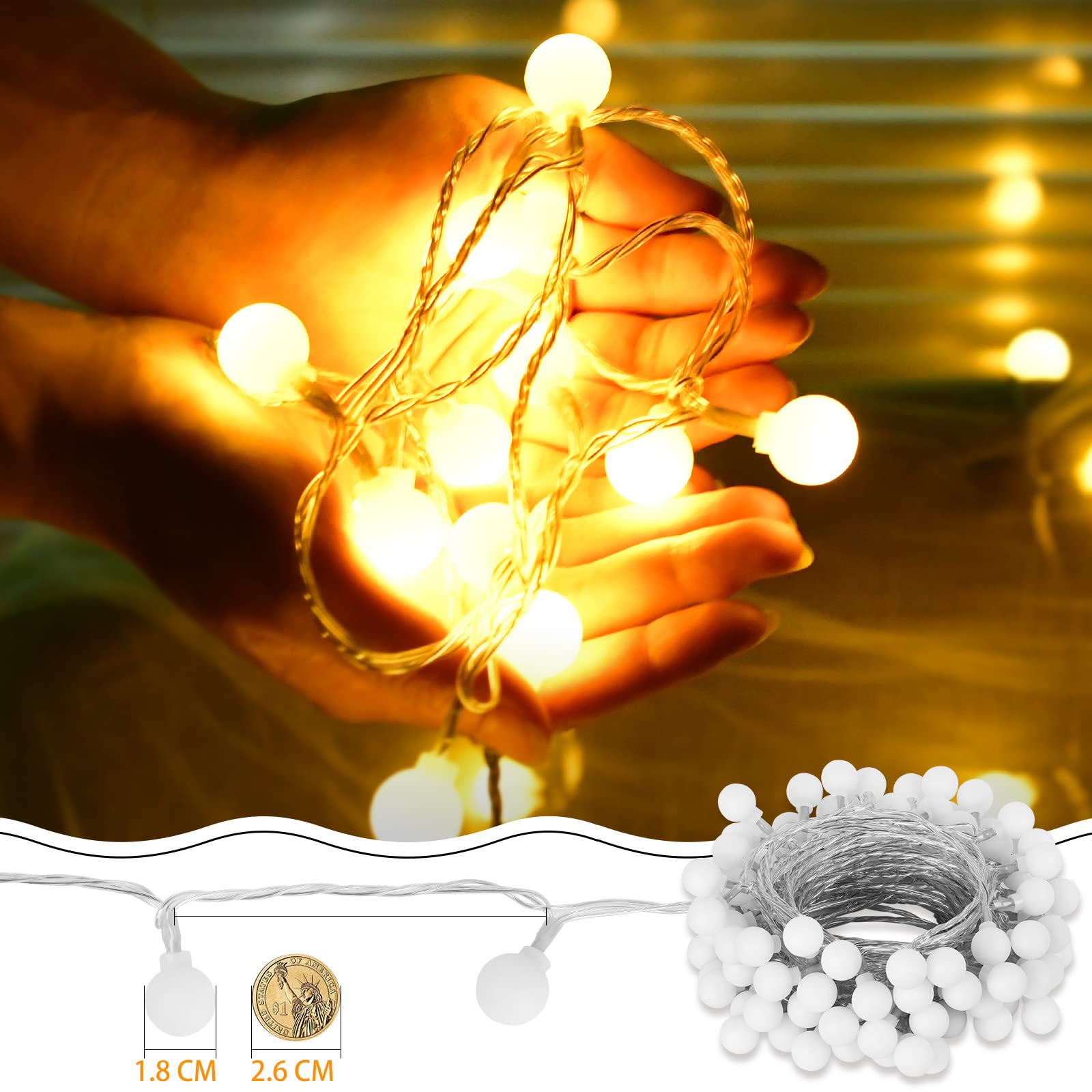 33FT 100LED Fairy Christmas String Lights Plug in - Waterproof Globe Ball Twinkle Lights with 8 Modes for Indoor/Outdoor Decor - Perfect for Bedroom, Wedding, Party, Christmas Tree & New Year Celebrations (Warm White)
