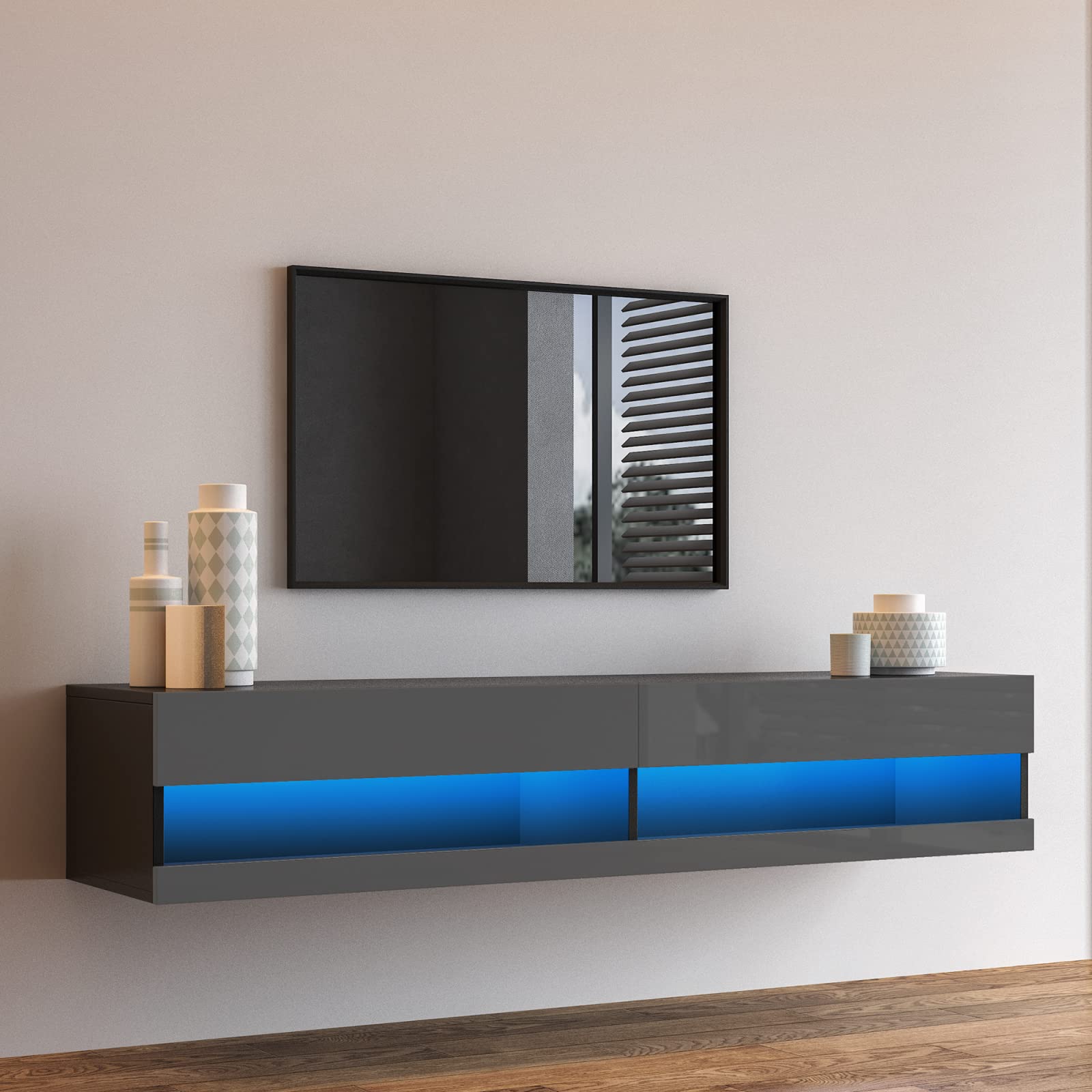 Floating TV Stand with LED Lights - Wall Mounted Entertainment Center with Large Storage Space for TVs Up to 80 Inch - Modern TV Console & Media Furniture for Living Room, Bedroom, Home Theater (Black)
