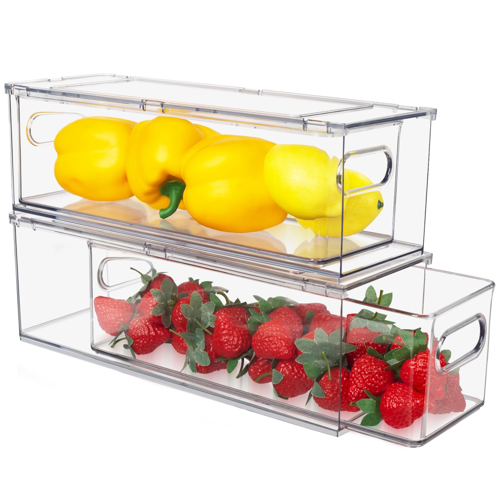 2 Pack Stackable Refrigerator Organizer Bins with Pull-out Drawer - Clear Plastic Fridge Storage Containers with Handle for Kitchen Pantry Organization | Perfect for Fruits, Vegetables & Snacks Storage