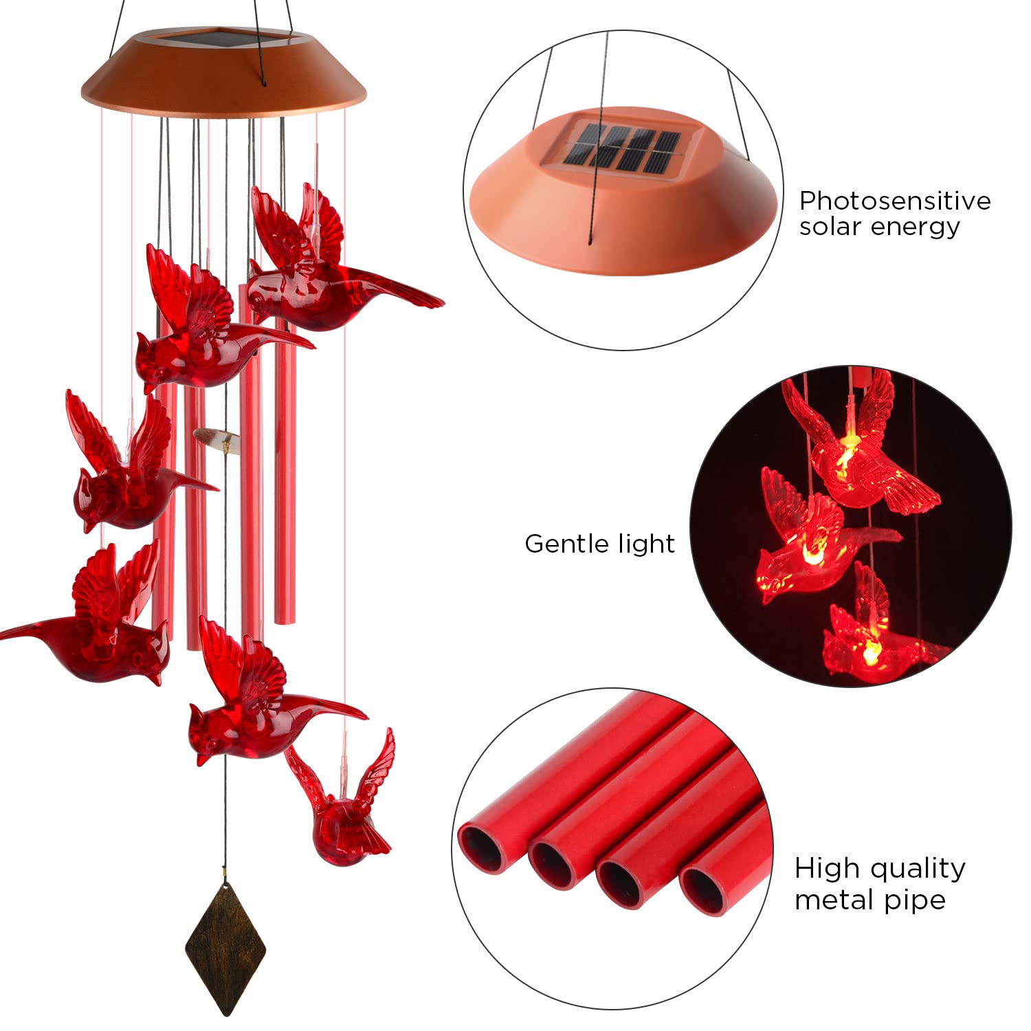 Solar-Powered Cardinal Wind Chimes with Lights - Memorial Gift for Mom, Women & Loved Ones - Outdoor Garden Decor for Patio, Yard & Memorial Spaces