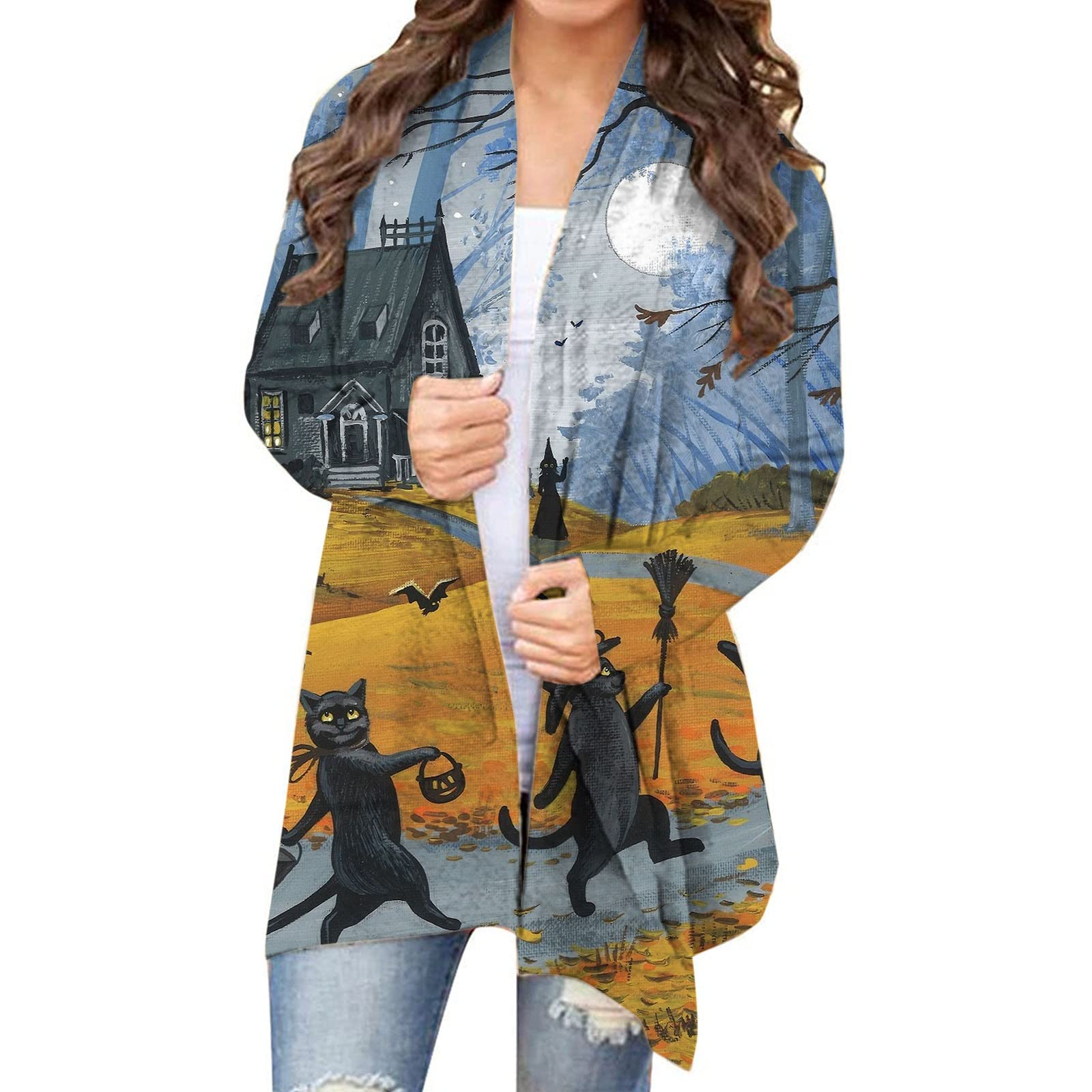 Women's Halloween Cardigan - Pumpkin Cat Print Long Sleeve Open Front Plus Size Sweater Coat | Cozy Fall Layering Piece for Parties, Office & Casual Outings