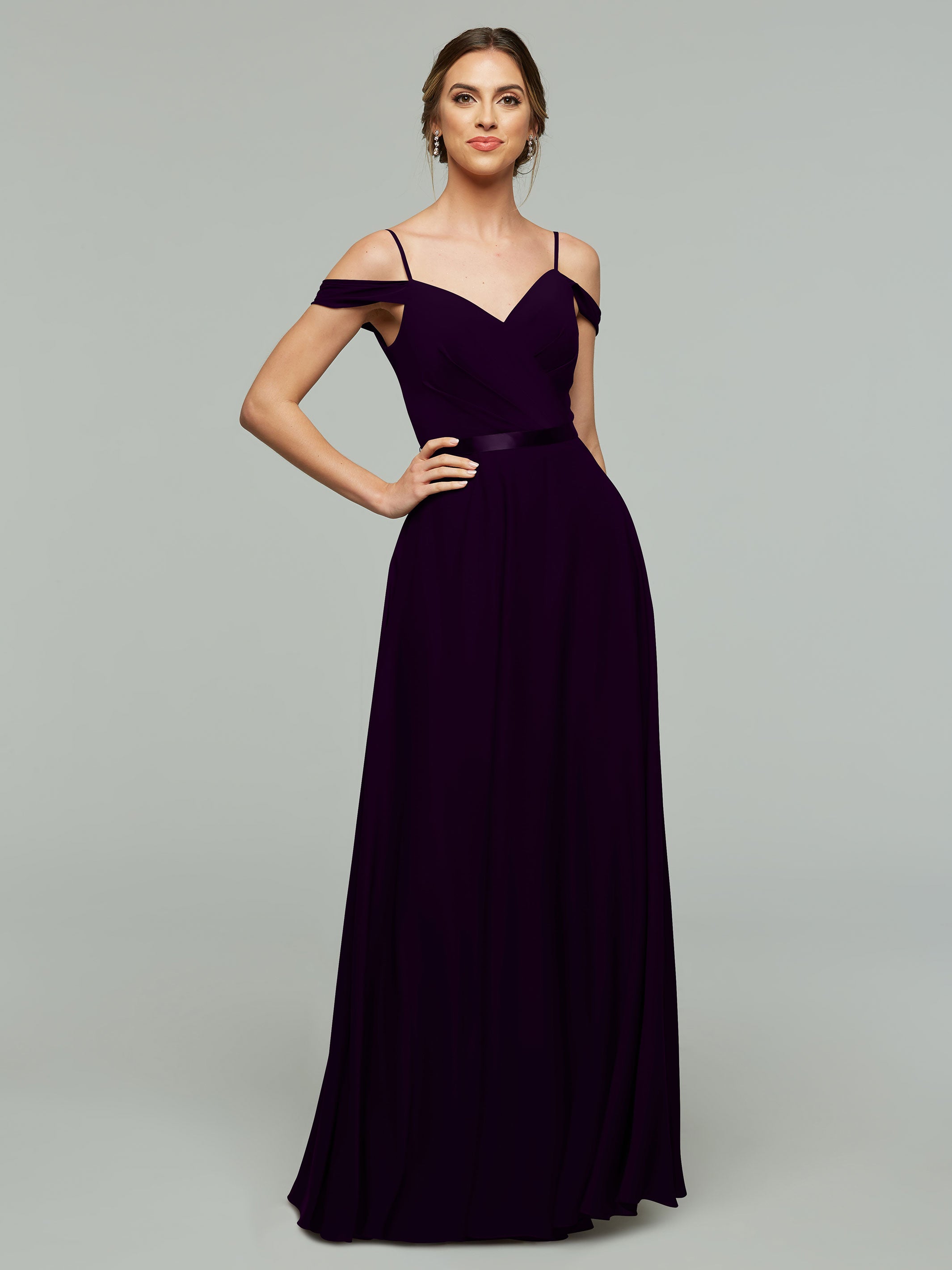 Elegant Off-The-Shoulder Stretch Chiffon A-Line Bridesmaid Dress with Sash - Perfect for Weddings, Formal Events & Special Occasions