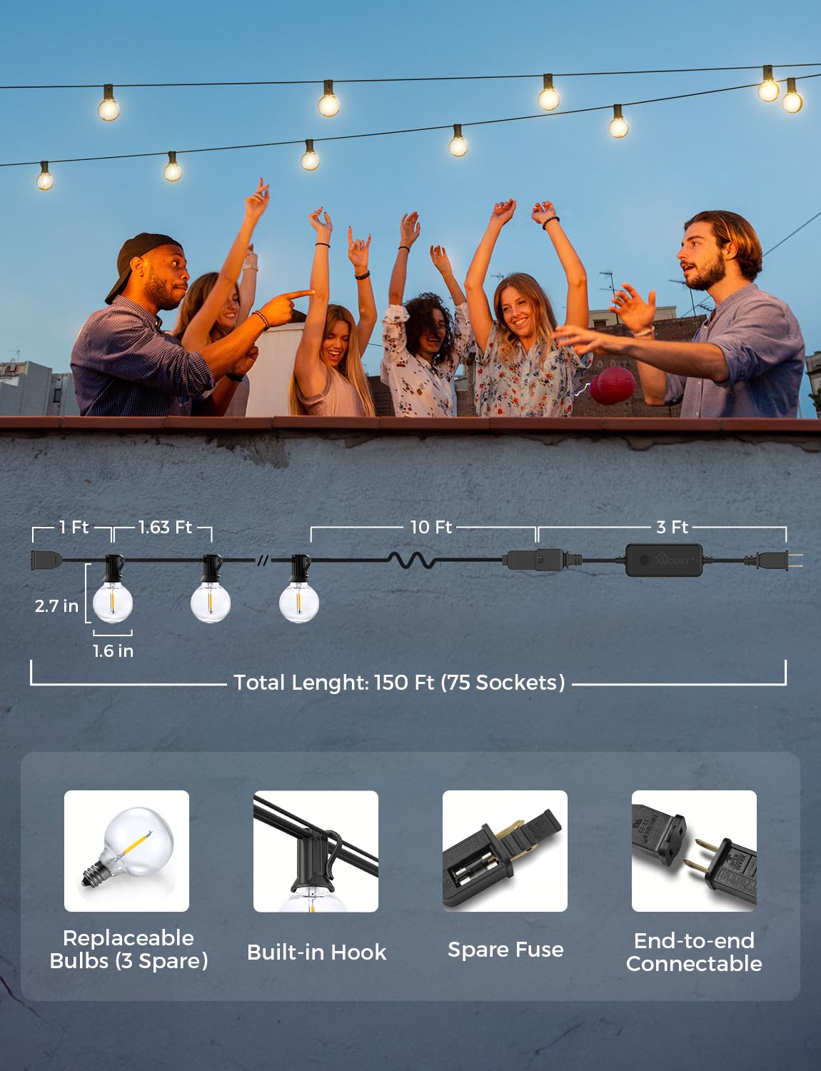 XMCOSY+ Smart Outdoor String Lights - 150Ft G40 Globe Patio Lights with 75 LED Bulbs, WiFi & APP Control, Alexa Compatible, Waterproof Dimmable LED Lights for Garden, Backyard, Porch, Cafe, Restaurant and Wedding Decorations