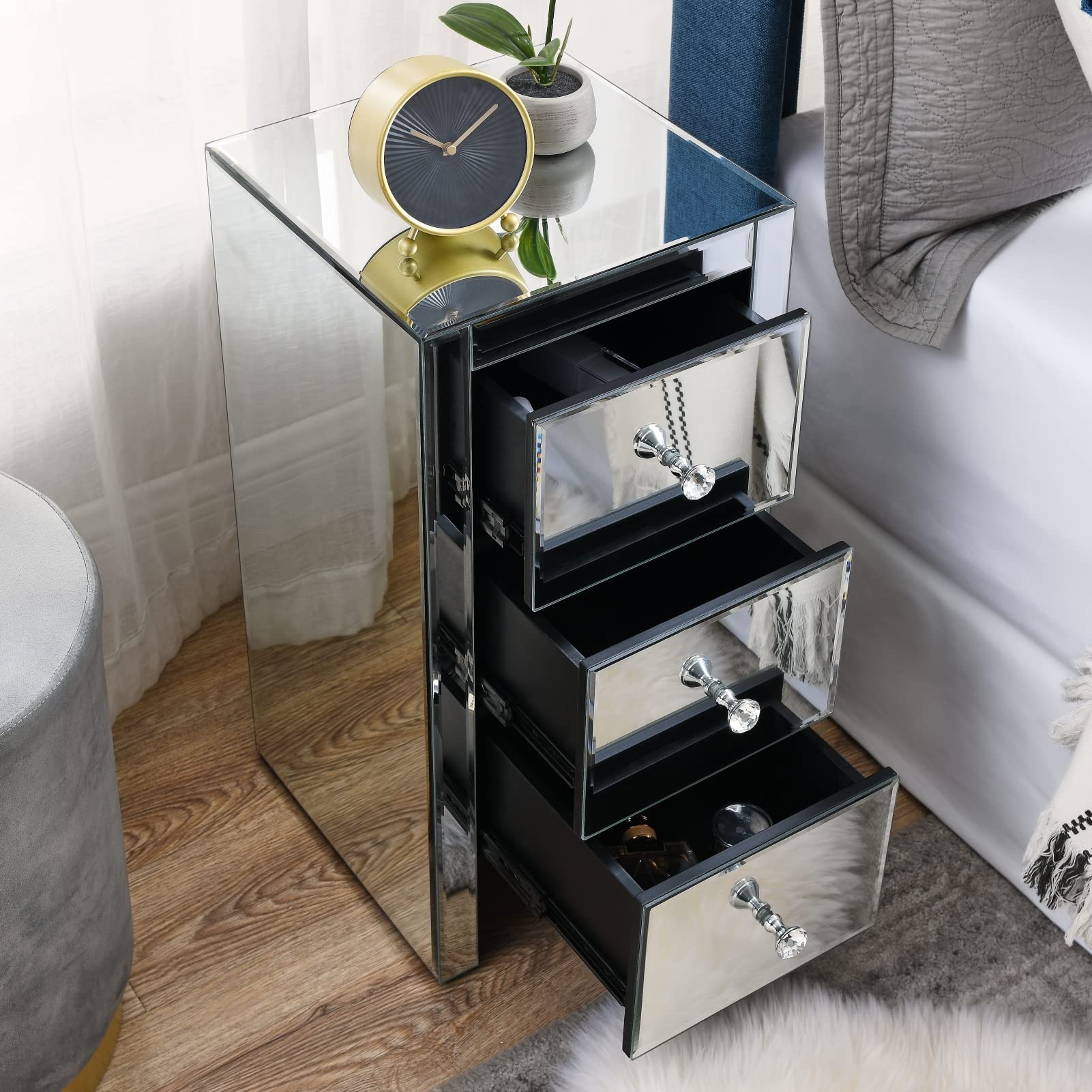 LAGRIMA Mirrored Nightstand - Crystal Accent End Table with 3 Drawers, Silver Fully Assembled Bedside Table for Bedroom & Living Room - Perfect for Modern Home Decor, Guest Rooms and Apartment Styling
