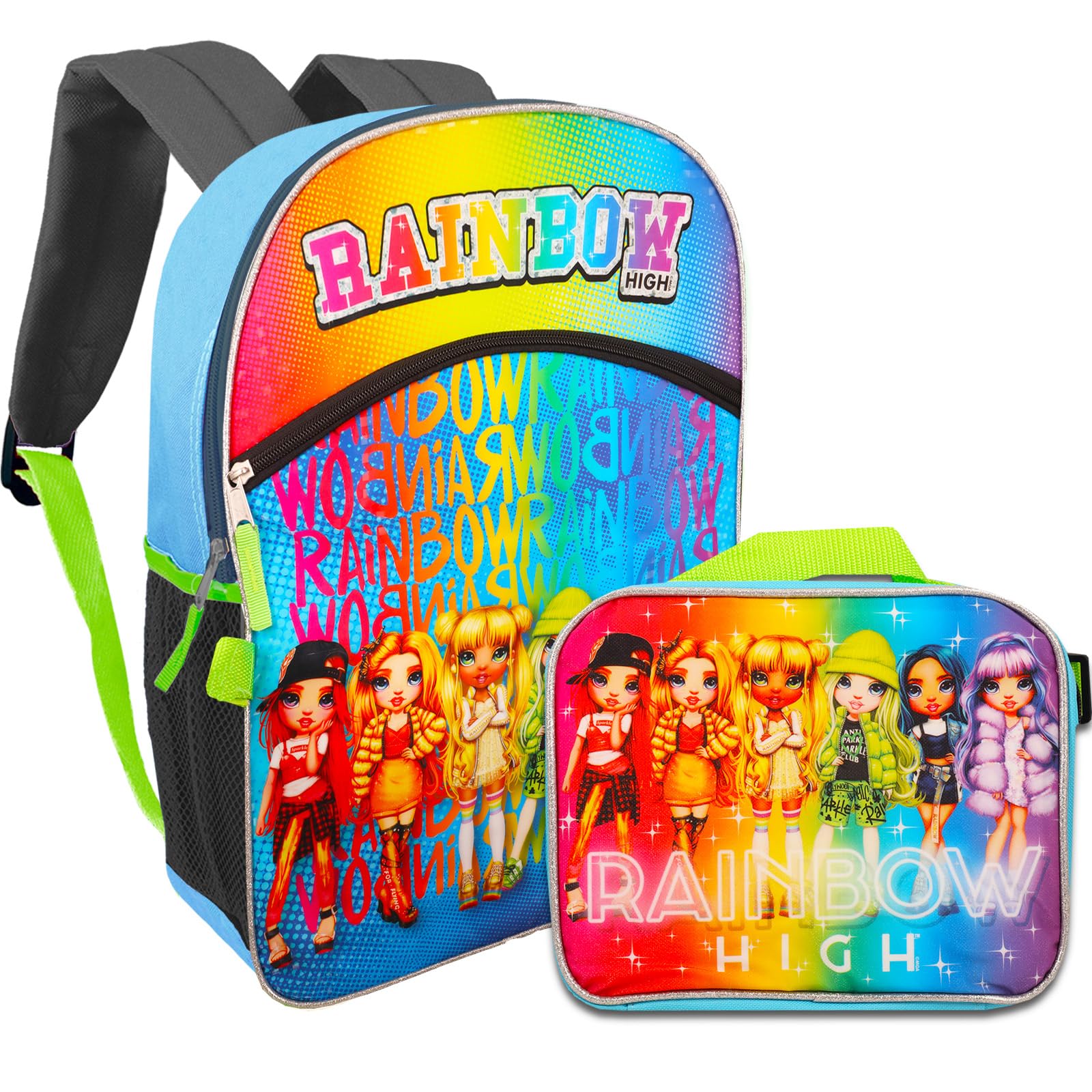 Rainbow High 16 Inch Backpack and Lunch Bag Set for Girls - Stylish School Backpack with Insulated Lunch Box, Includes Shopkins Stickers (Perfect for High School, College, Travel & Daily Use)