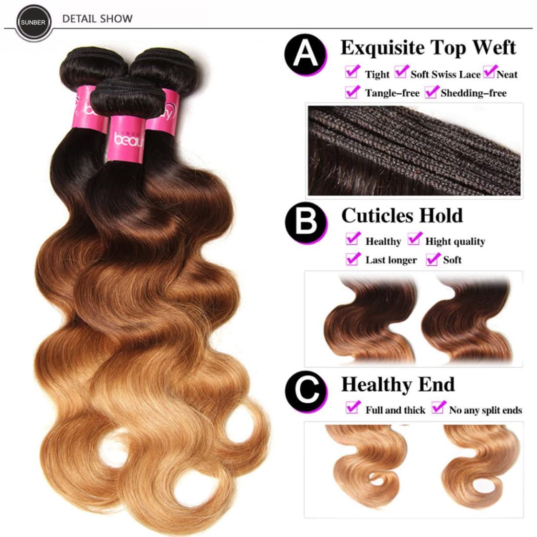 Sunber 12A Grade Ombre Body Wave 3 Bundles Brazilian Virgin Human Hair Extensions - 3 Tone Mixed 1B/4/27 Color (20 22 24 Inch) for Stunning Blended Highlights | Perfect for Salon Styling, Weddings & Everyday Glam