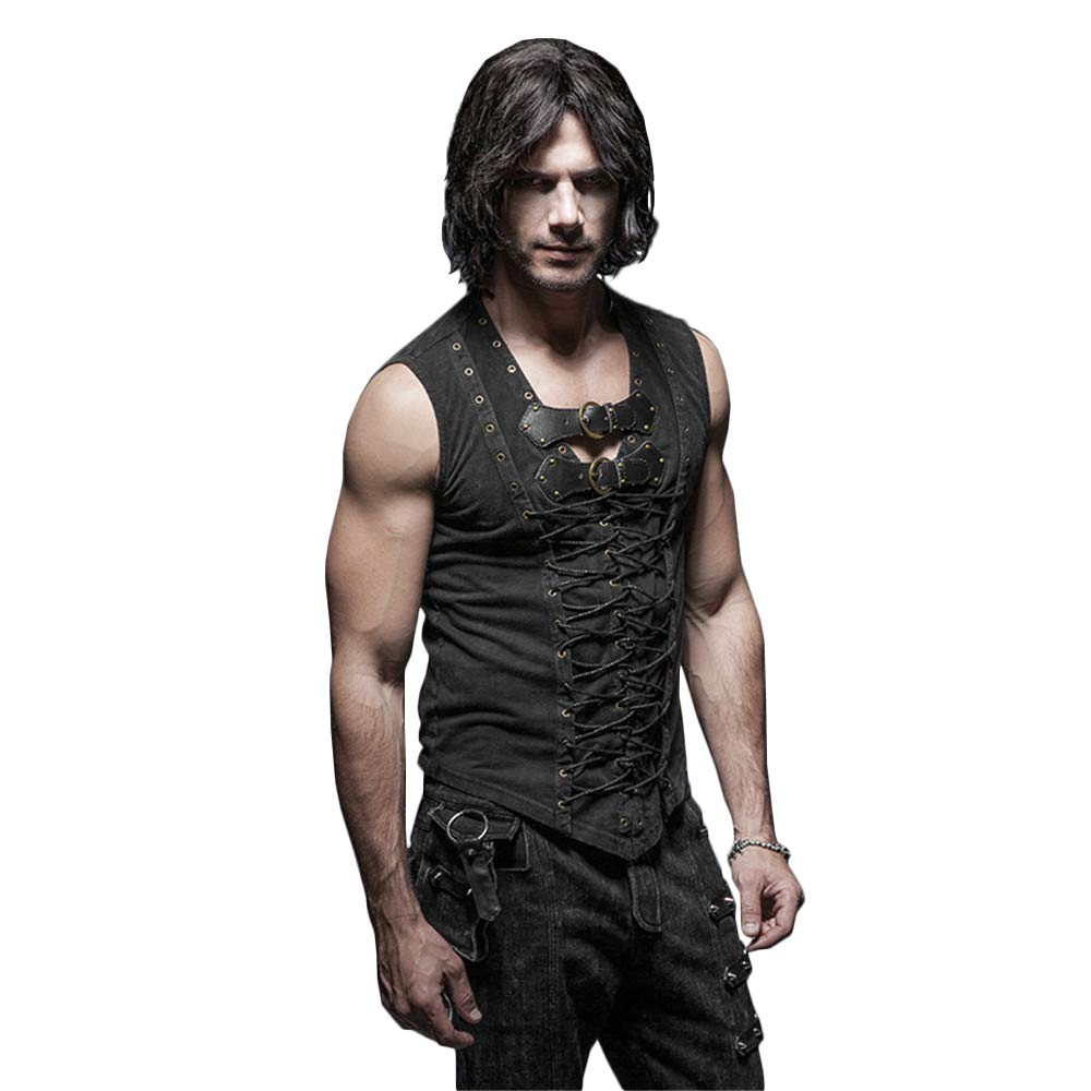 Men's Leather Belt & Cotton Casual Tank Top Cross Strap Black Vest - Formal & Streetwear Outfits for Business, Parties & Everyday Fashion