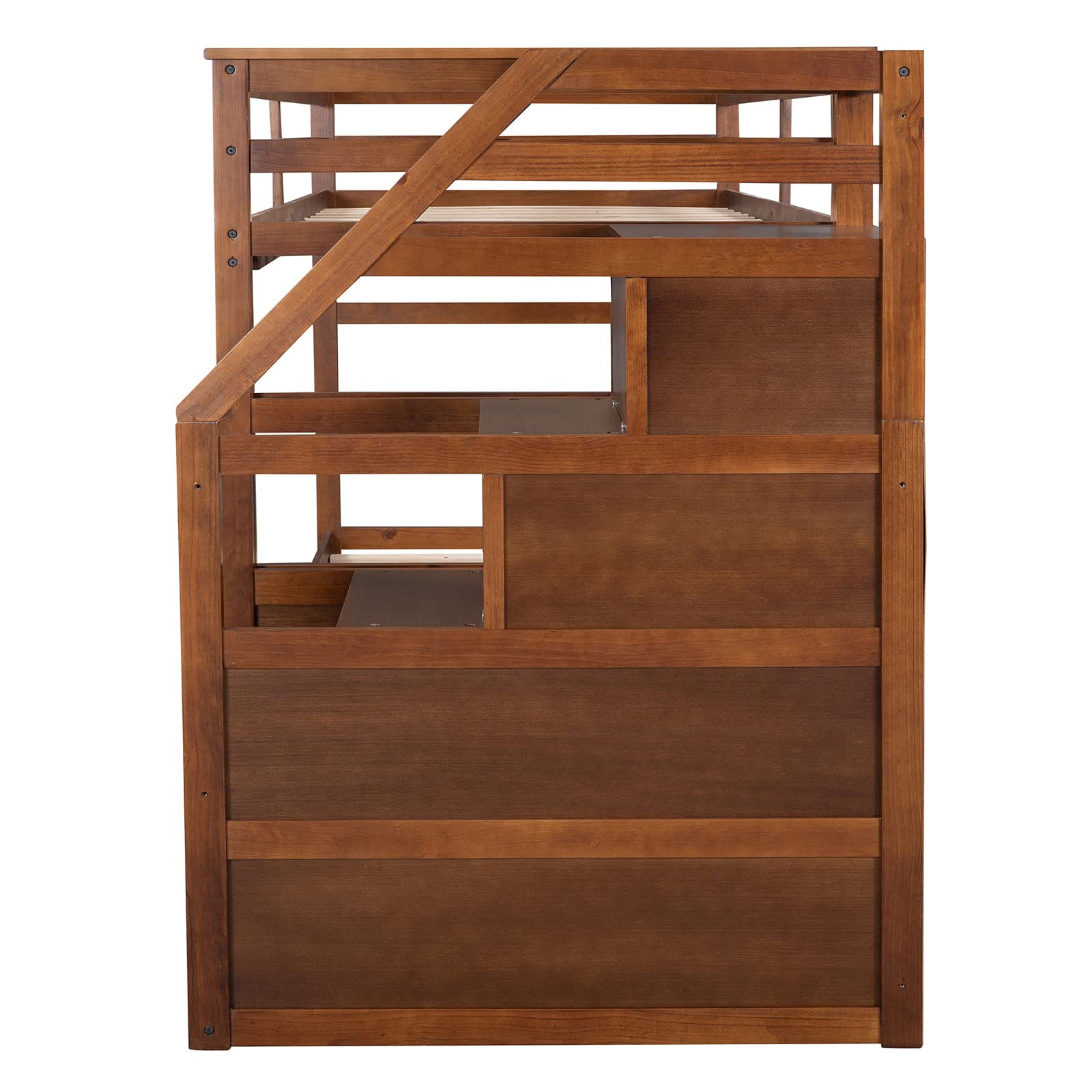 Premium Twin Over Twin Bunk Bed Frame with Trundle & Storage Stairs - Solid Wood Construction, Slat Support & Safety Guard Rail - No Box Spring Needed - Easy Assembly - Walnut Finish - Perfect for Kids' Bedrooms, Guest Rooms & Space-Saving Solutions