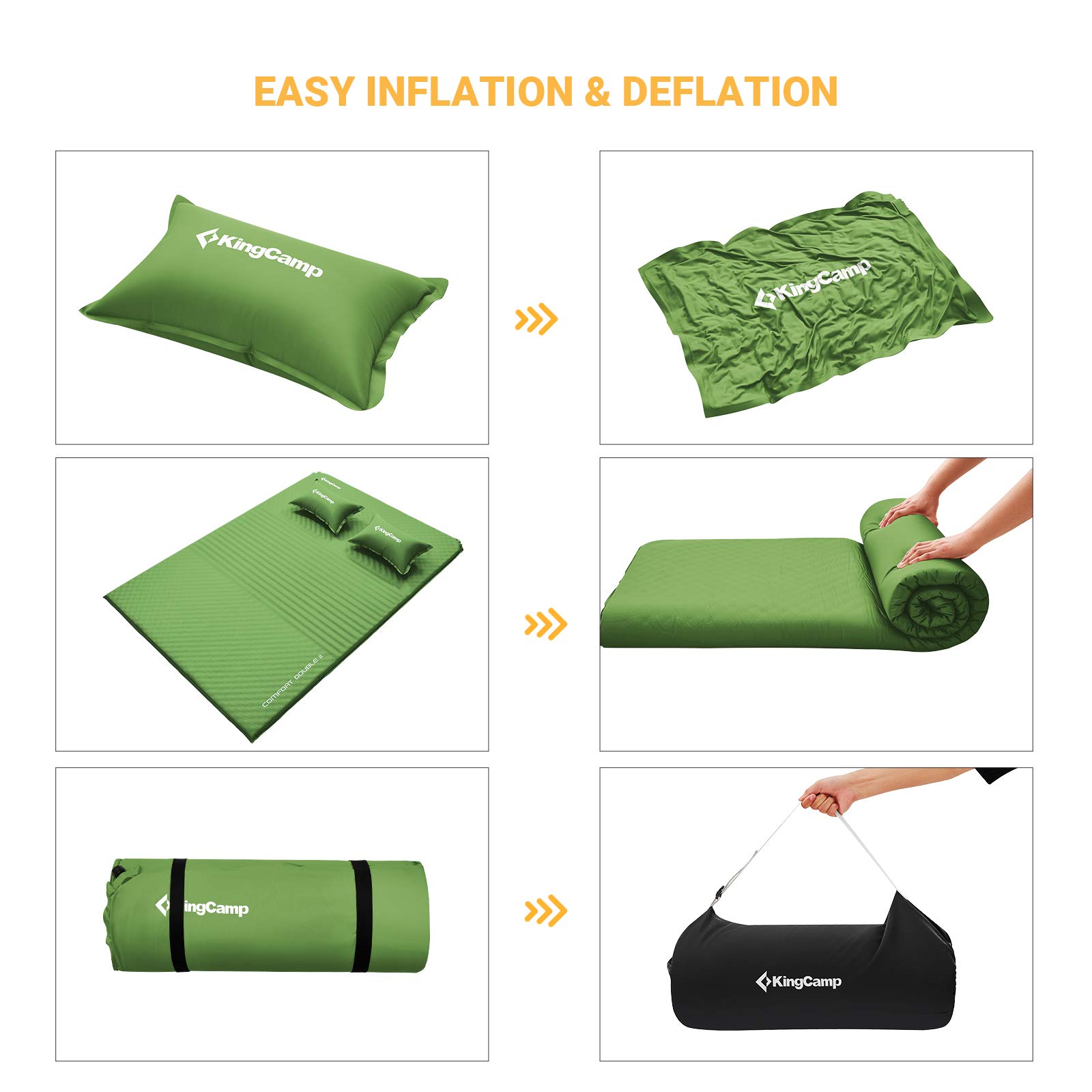 KingCamp Self-Inflating Double Sleeping Pad for Camping - 2 Travel Pillows Included - Foam Camping Mat for Hiking, Backpacking, Tent & Car Use - Perfect for Outdoor Adventures, Road Trips and Emergency Preparedness (Green)