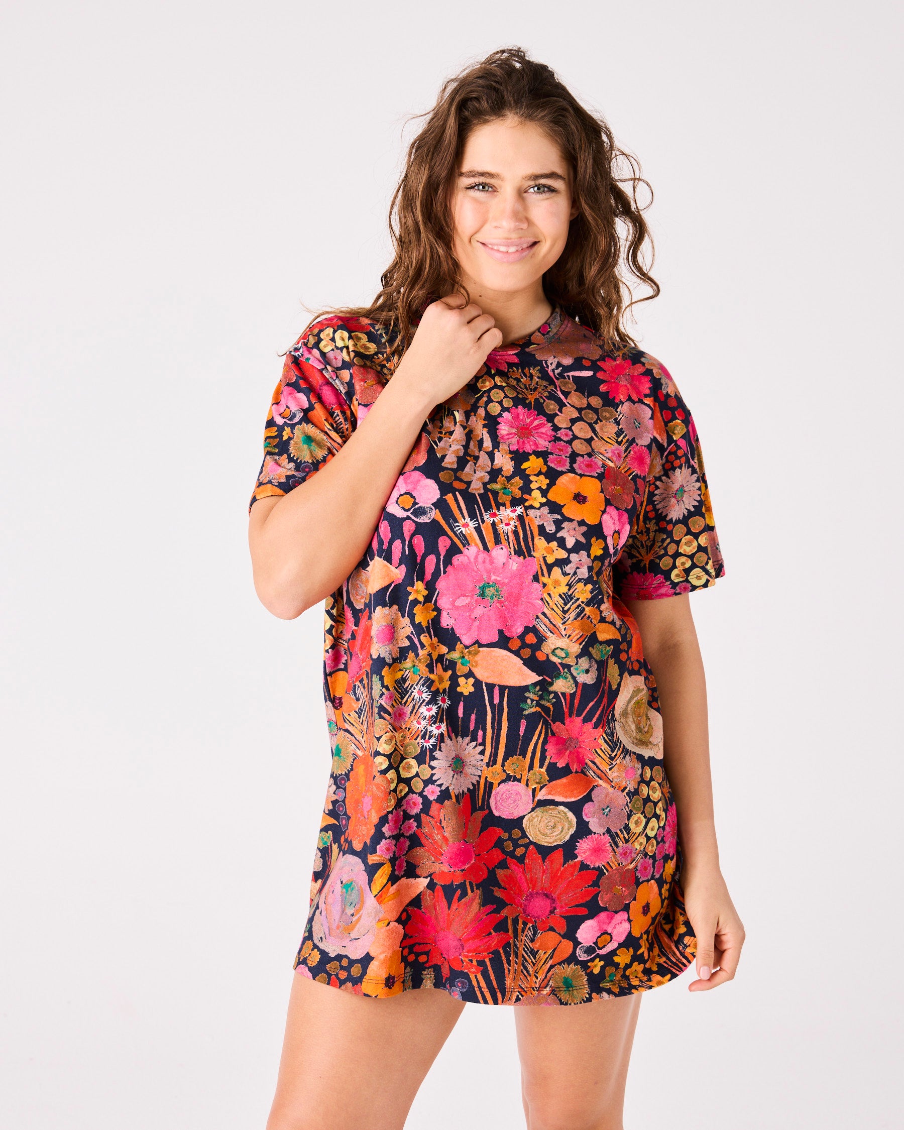 Field of Dreams Navy Blue Organic Cotton Oversized T-Shirt Nightie for Women - Soft & Comfortable Sleepwear for Relaxing at Home or Lounging