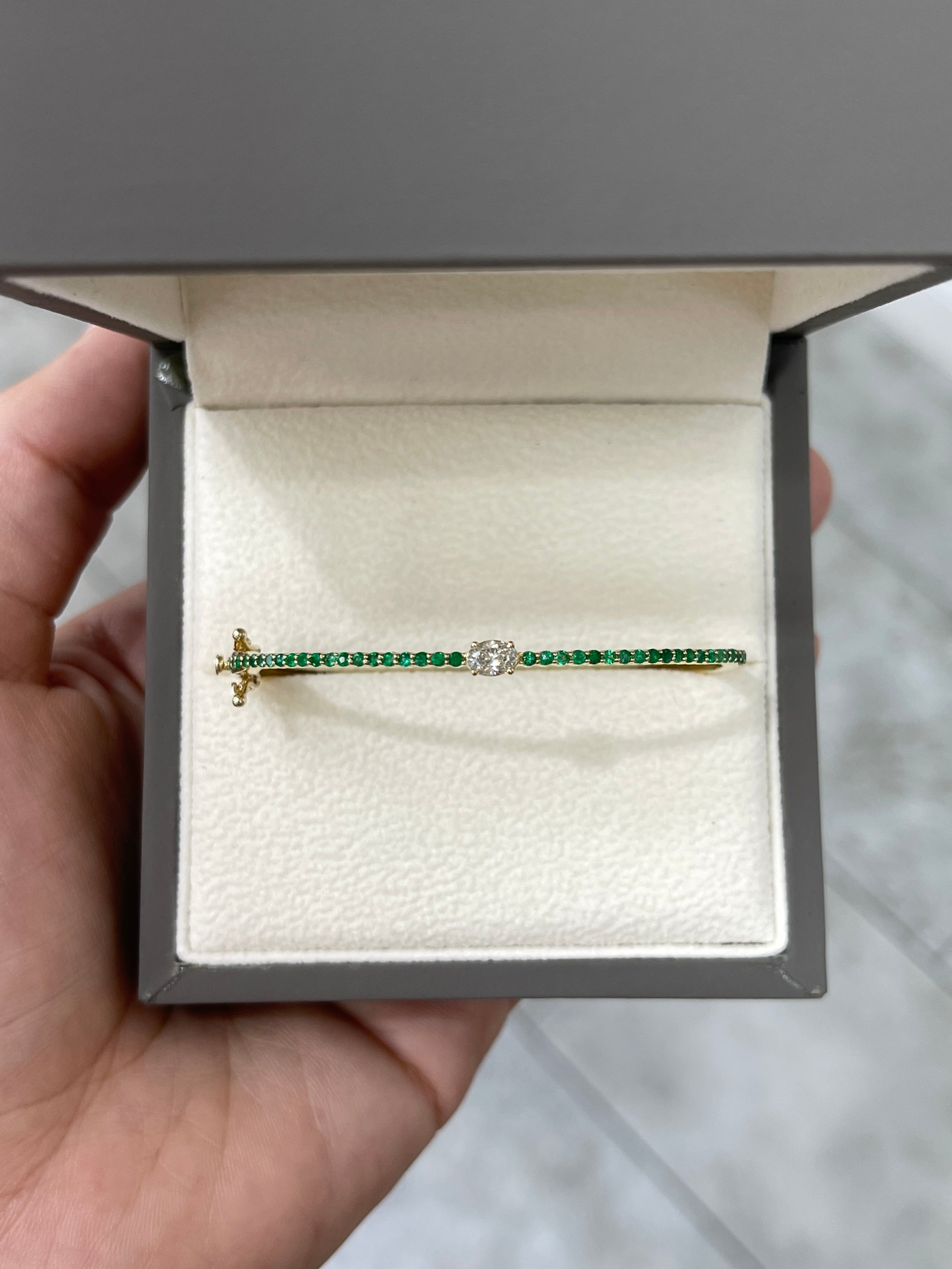14K Yellow Gold Oval Diamond & Emerald Bangle Bracelet - 5.5 Inch Adjustable Wrist Size for Women | Perfect for Weddings, Anniversaries & Special Occasions