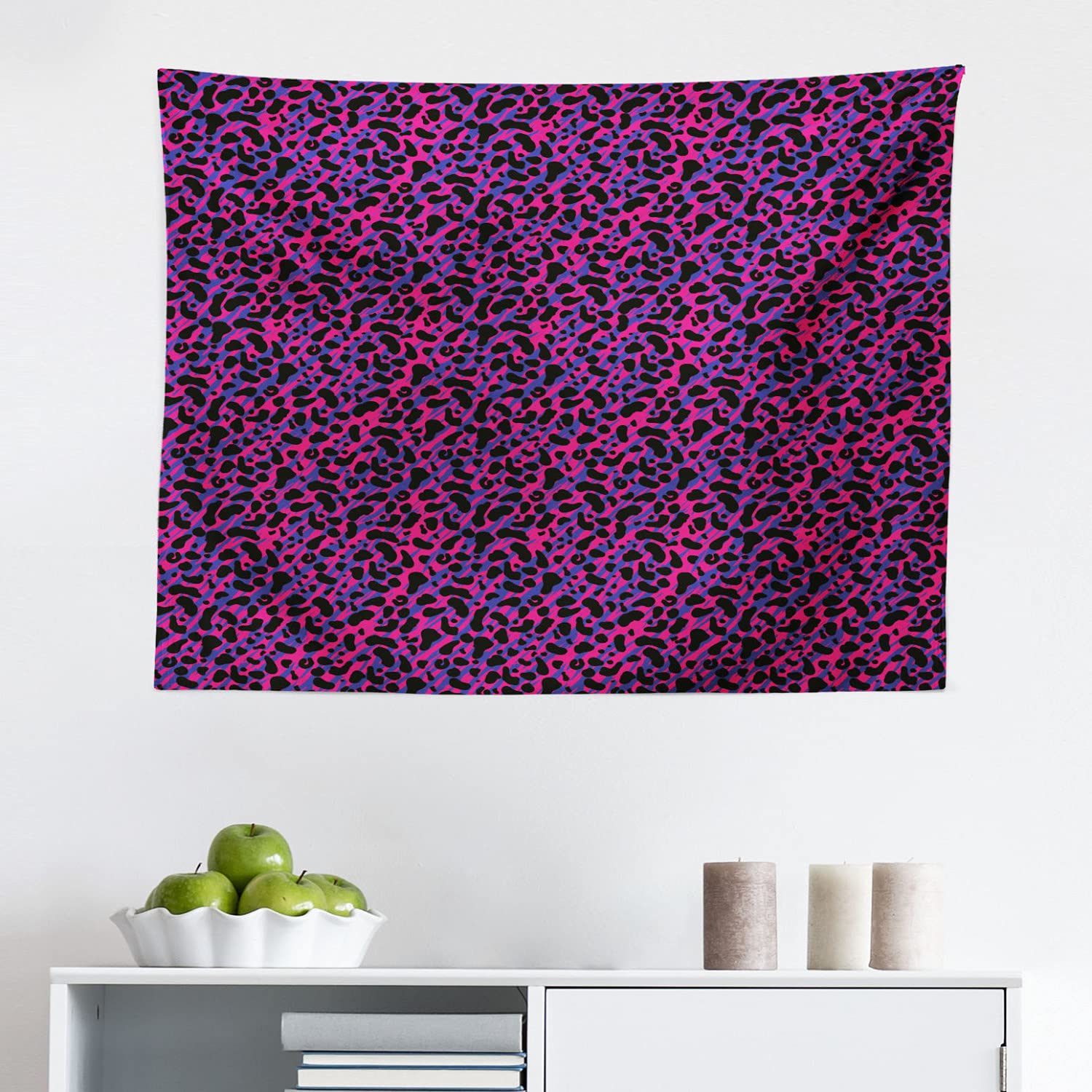 Vintage 80s Style Jungle Tapestry - Leopard & Tiger Savannah Print Wall Art Decor | Royal Blue & Hot Pink Fabric Wall Hanging (28