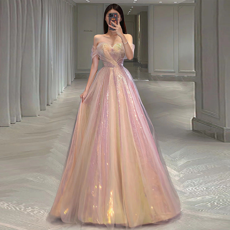 Sparkly Off Shoulder Pink Long Prom Dress with Bling - Elegant Evening Gown for Homecoming, Quinceañera & Formal Events