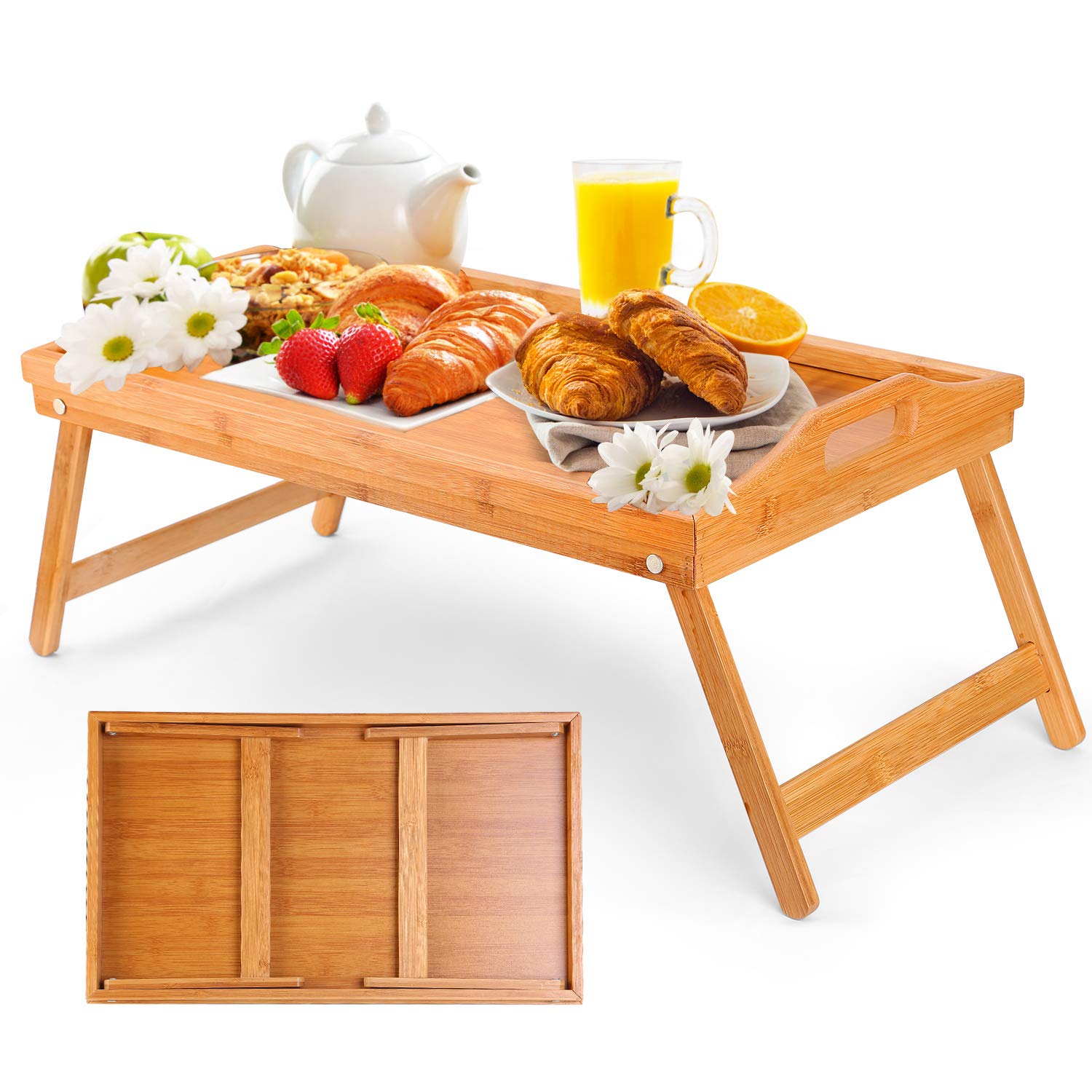 Moclever Bamboo Breakfast Tray with Folding Legs - Multi-Purpose Serving Tray for Dining, Tea, Bar, Bed - Perfect for Parties, Reading, Laptop Work & Breakfast in Bed - Sturdy Portable Food Tray for Home, Office & Outdoor Use