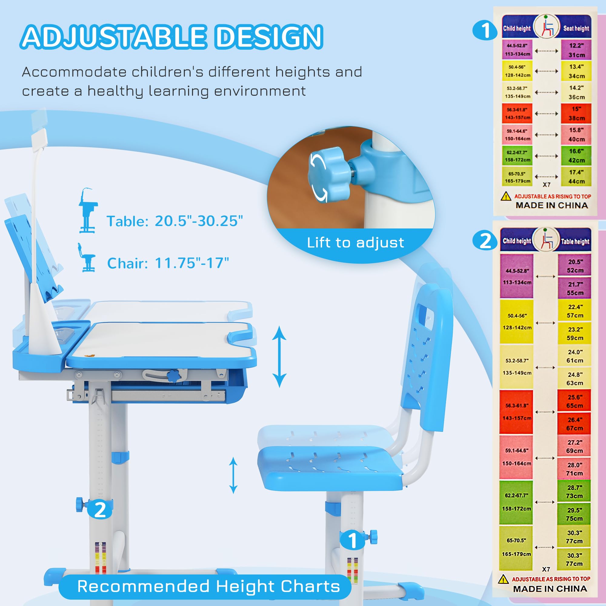 Qaba Adjustable Kids Desk and Chair Set with Tilt Desktop, USB Light & Storage Drawer - Ergonomic Study Table for Children's Homework, Drawing, Arts & Crafts (Blue & White) - Perfect for Homeschooling, Online Learning & Creative Play Spaces