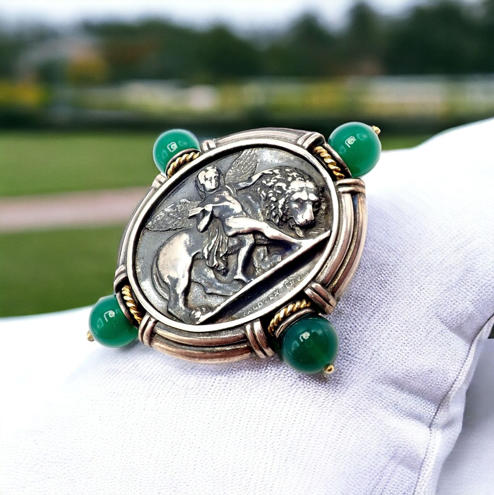 Authentic 18k Yellow Gold & Silver Large Medallion Chrysoprase Brooch - SeidenGang Vintage Jewelry for Women, Perfect for Weddings, Parties & Special Occasions