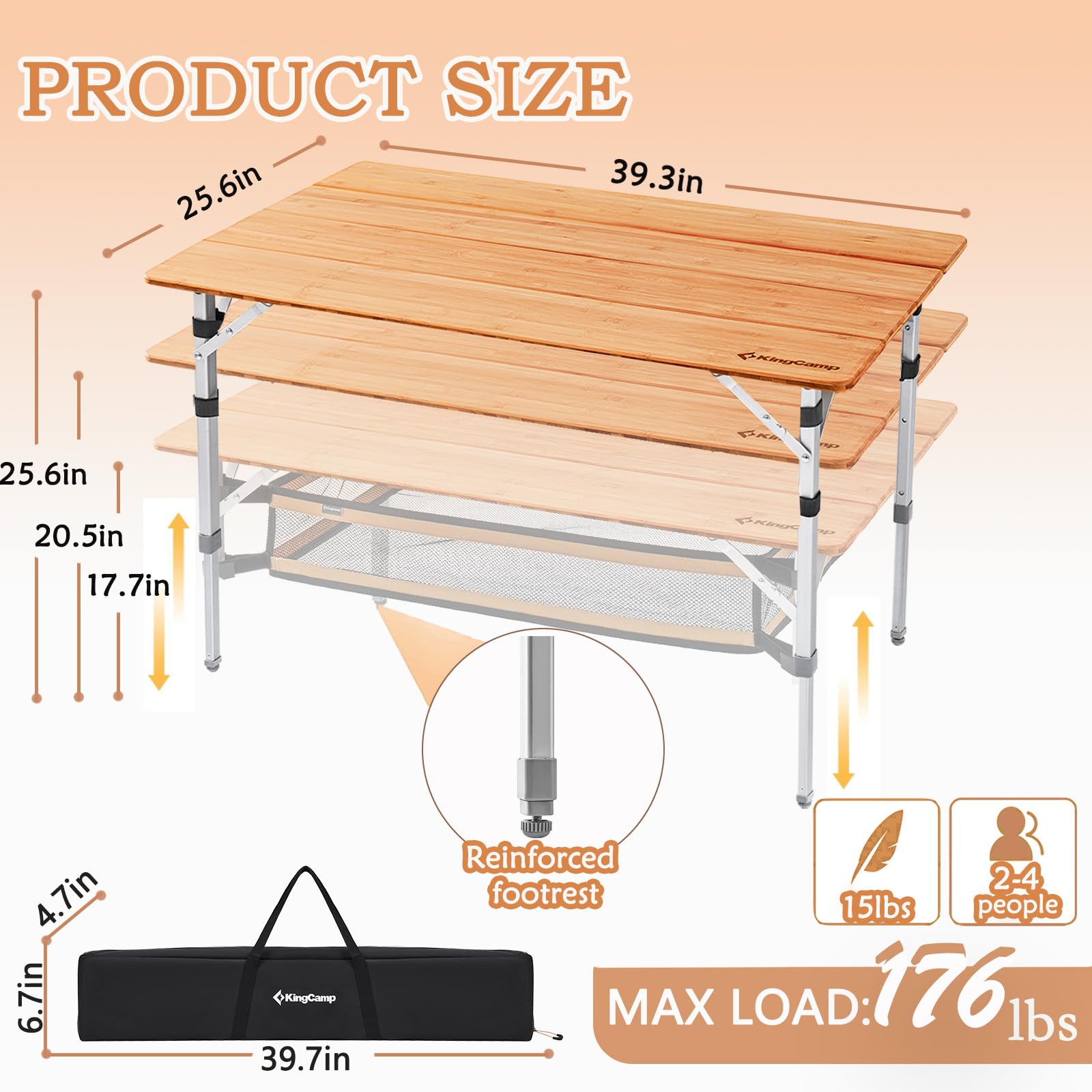 KingCamp 4-Fold Portable Camping Table - Adjustable Height Aluminum Legs, Heavy Duty 176 lbs Capacity with Large Storage Bag - Perfect for Outdoor Travel, Picnic, RV, Beach & Backyard Gatherings (4-5 People)