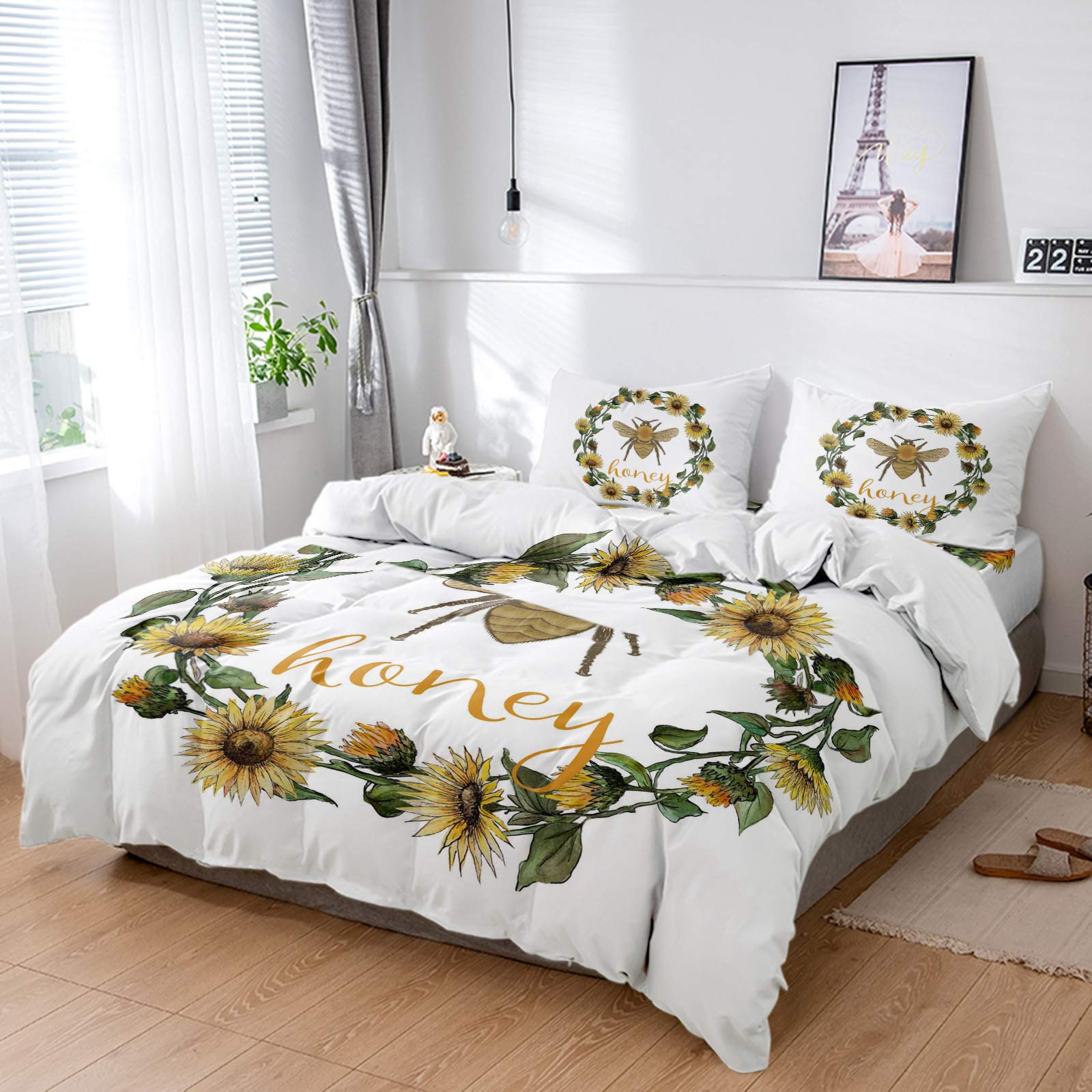 Litter Star 4-Piece California King Duvet Cover Set - Vintage Sunflower & Bee Design with Honey Text on White, Soft Bedspread & Pillowcases for Master Bedroom | Perfect for Farmhouse, Boho & Rustic Home Decor