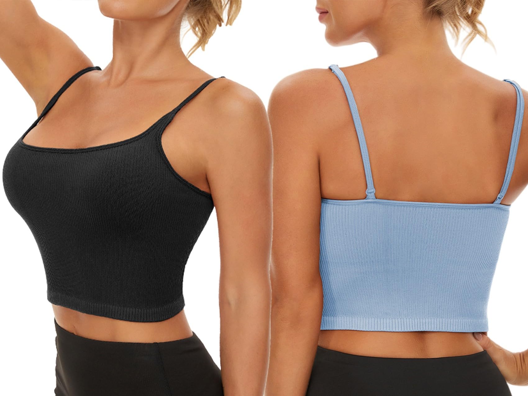 Chilylori Seamless Sports Bra & Cropped Tank Top 2-Pack - Adjustable Straps, Ribbed Workout Tops for Women | Yoga, Gym, Running & Fitness Activities