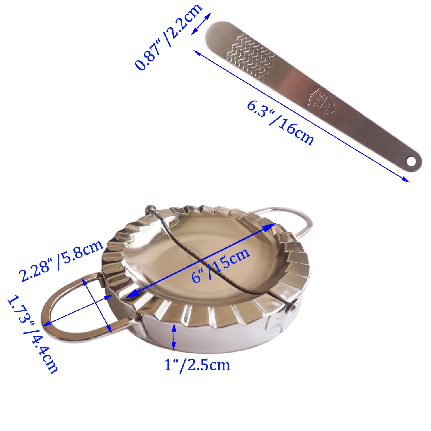 6 Inch Large Dumpling Maker - Stainless Steel Empanada Press & Dough Cutter - 2-in-1 Pastry Tool with Stuffing Spoon - Perfect for Ravioli, Pierogi, Pastelitos, Calzone, Turnovers - Ideal for Home Cooking, Baking, and Party Snack Preparation