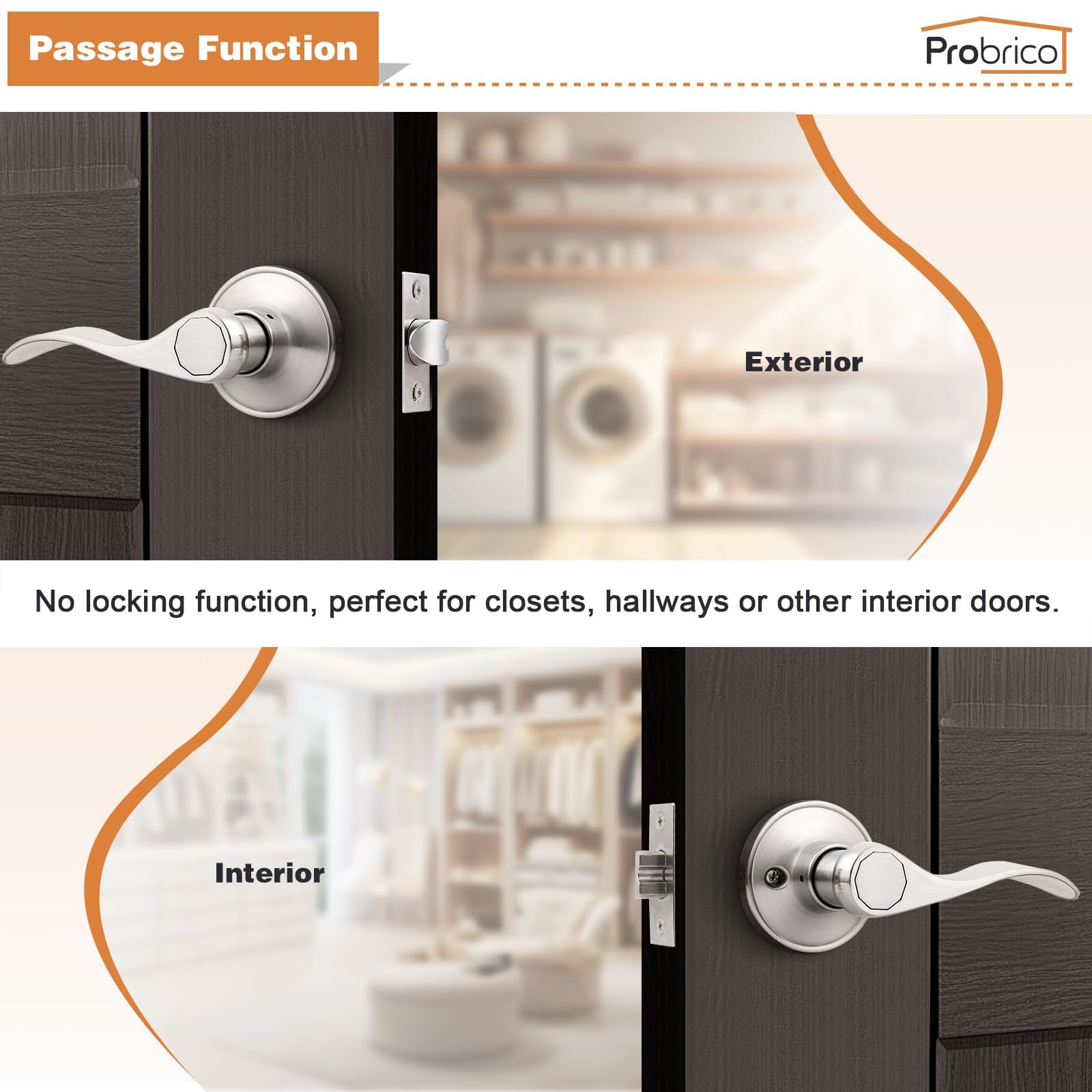 Probrico 8-Pack Wave Style Passage Door Levers - Satin Nickel Hall Closet Handles, Keyless Interior Door Leversets for Bedroom, Bathroom & Closet Doors - Easy Installation & Modern Home Upgrade
