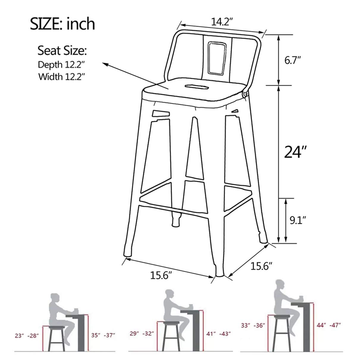 Yongqiang 24 Inch Metal Bar Stools Set of 4 - Matte Black Kitchen & Dining Counter Height Stools with Back Support - Perfect for Indoor, Outdoor, Bars, Restaurants & Home Kitchen Islands