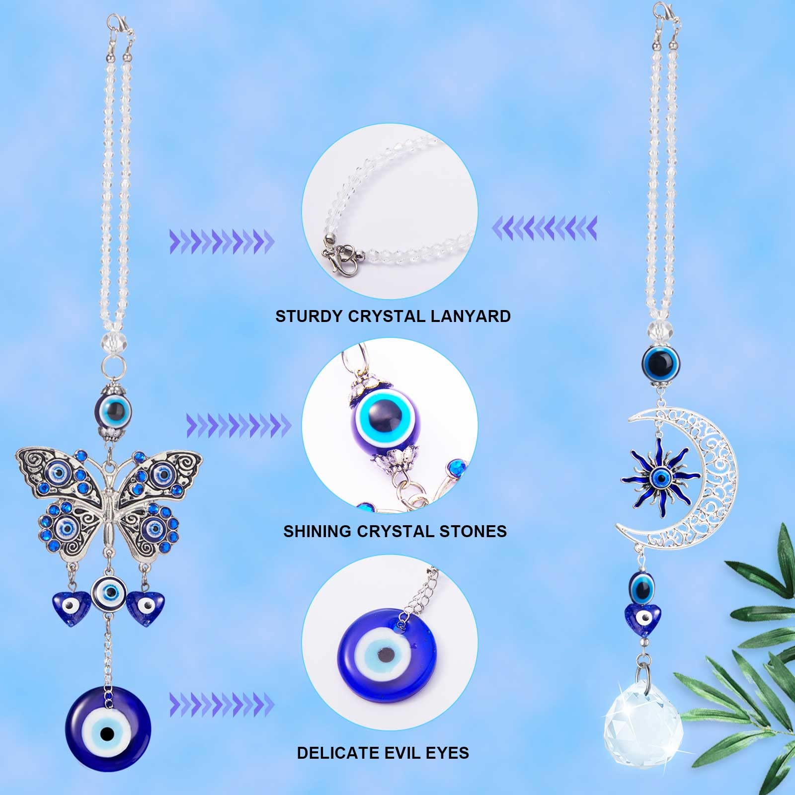 2 Pack Evil Eye Car Hanging Ornament - Blue Evil Eye Protection Charm for Rearview Mirror, Stylish Moon & Butterfly Car Pendant Decor - Perfect for Car Windows, Home Doors & Good Luck Gift