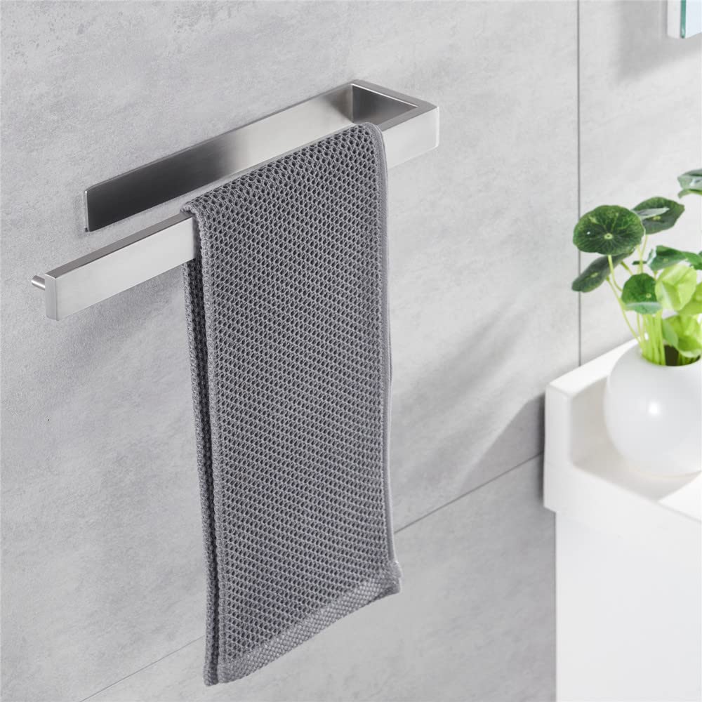 No-Drill Stainless Steel Self-Adhesive Towel Bar - 13.8 Inch Brushed Silver Bathroom Towel Holder - Durable Space-Saving Hand Towel Rack for Bathroom, Kitchen, RV & Dorm