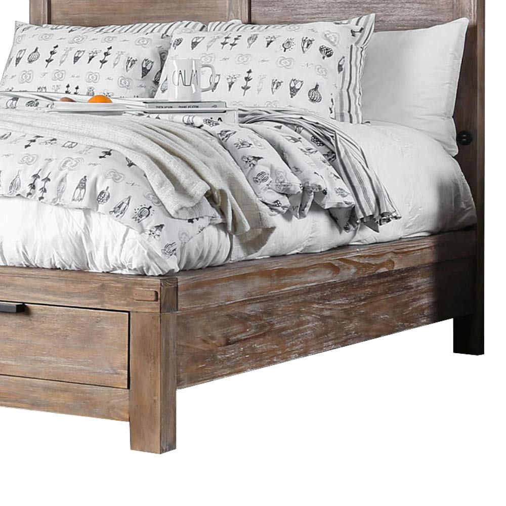 Benjara Queen Size Bed Frame with Storage Drawers and Upholstered Headboard - Solid Wood Oak Brown Finish | Perfect for Small Bedrooms, Guest Rooms & Modern Home Decor