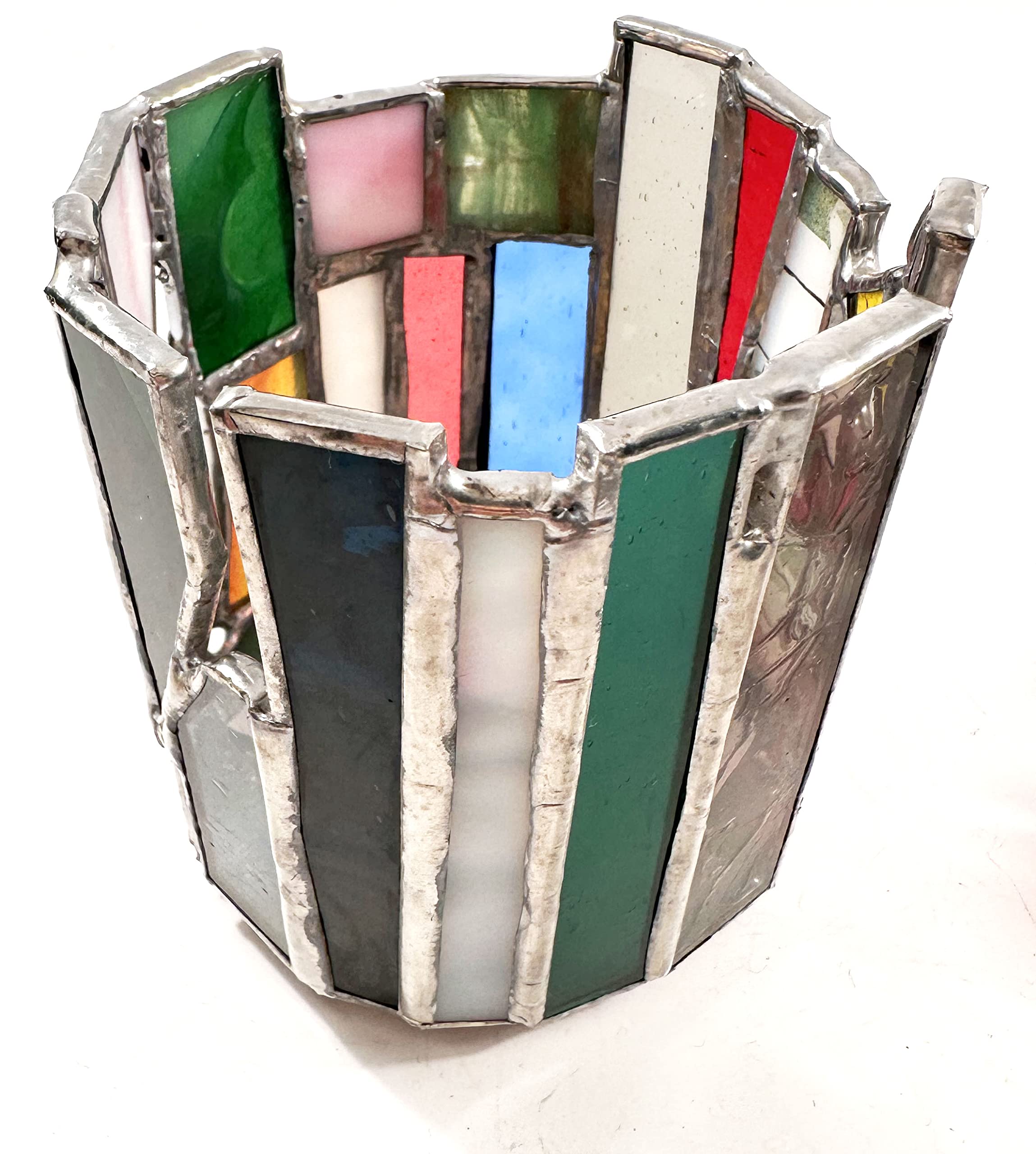 Stained Glass Round Candle Holders - Striped in Yellow, Sea Green, Red, Blue, Pink, Forest Green & Purple | Decorative Home Decor for Dining Table, Wedding Centerpiece & Meditation Space